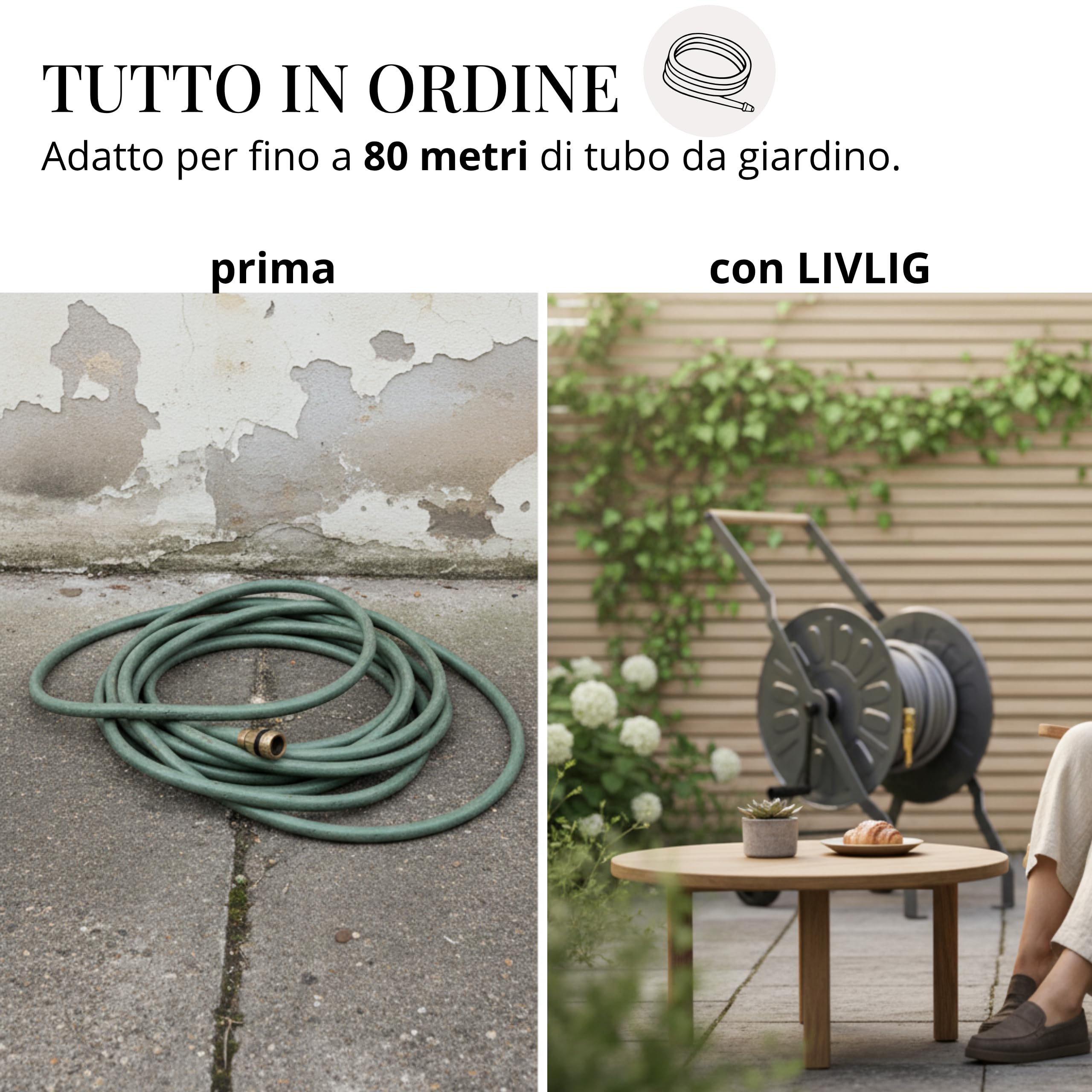 LIVLIG Carrello portatubo in metallo, carrello portatubo da giardino premium, avvolgitubo universale prodotto in Europa, tubo da giardino fino a 50 m, antracite