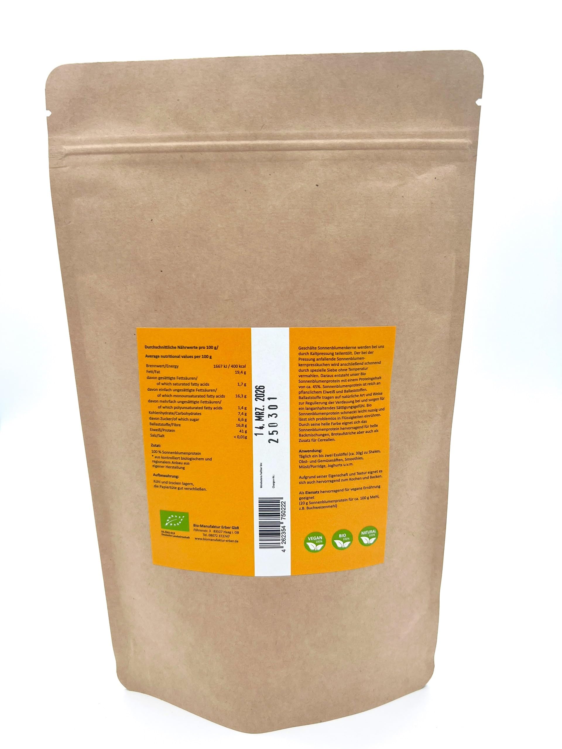 Polvo de proteína orgánica de girasol 300 g – 100% pura proteína de girasol de Alemania/Alta Baviera, sin aditivos, fuente de proteína vegana, bolsa con cierre