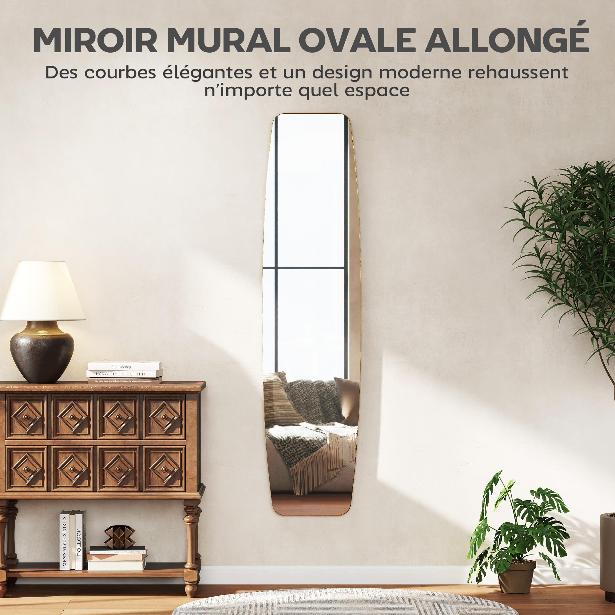 HOMCOM Grand Miroir Mural Ovale 160 x 40 cm, Miroir Suspendu Moderne, Cadre en métal et Bois, prêt à accrocher, pour Chambre, Salon, Dressing, entrée, doré