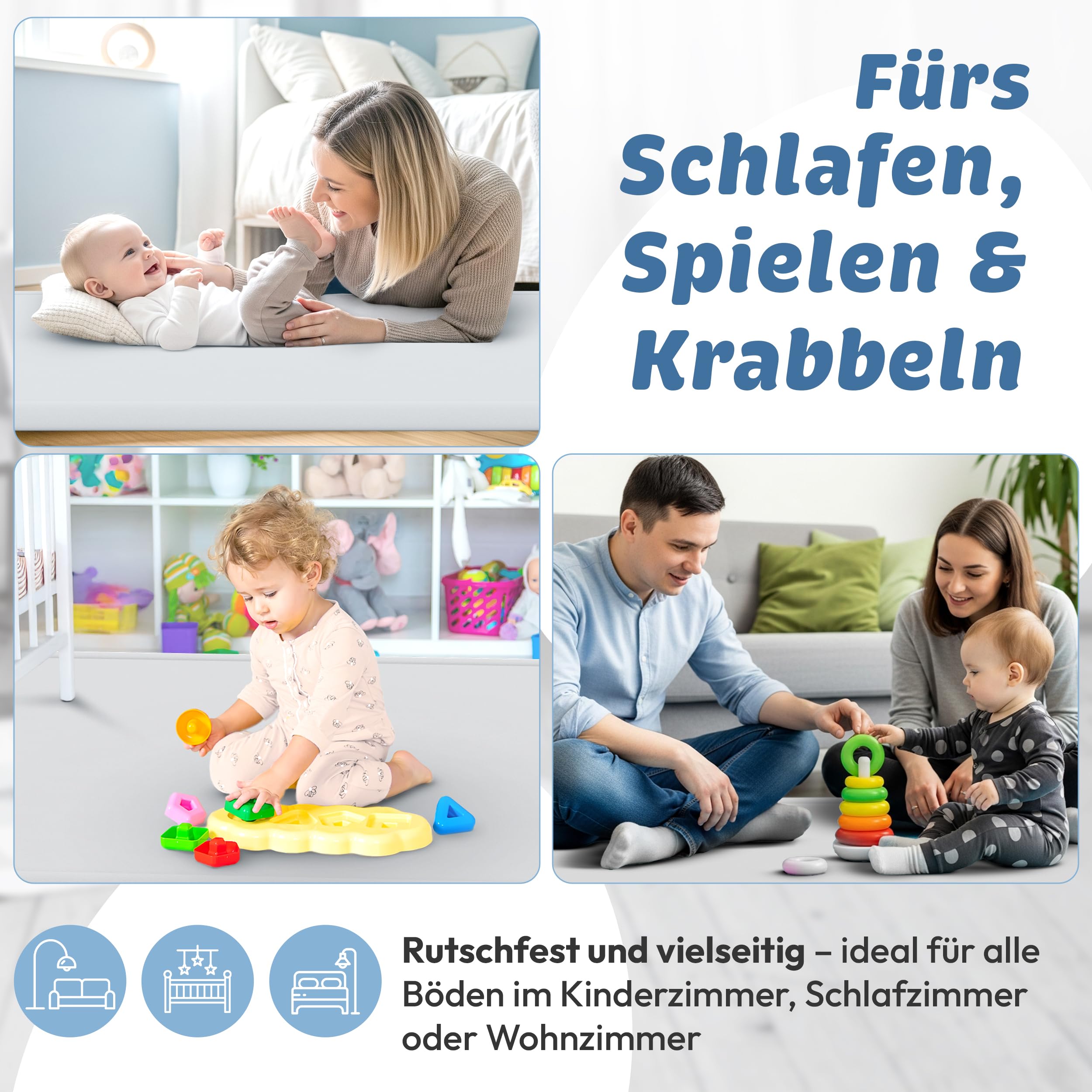 seidenweiche Krabbelmatte Baby Spielmatte Kinder 150x150x3cm grau | 3 cm dick, Premium Memory-Schaum, rutschfeste Unterseite, Geräuschhemmend, sicher und gemütlich fürs Krabbeln und Spielen