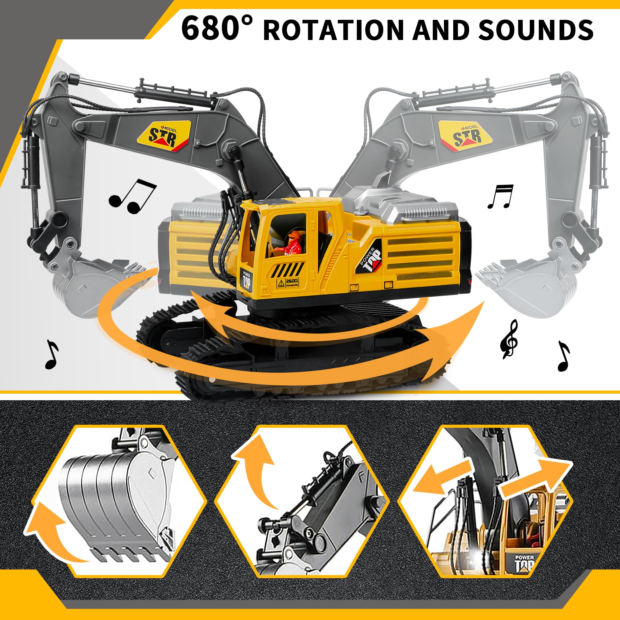 Juguete de excavadora teledirigida para niños, 14 canales, 2,4 GHz, excavadora RC, pala de metal con tono de luz de aerosol, juguete Rc BAU rotación de 680 ° para regalo para niños