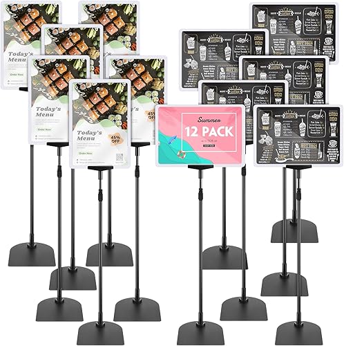 Wesiti Paquete de 12 soportes para letreros de pie de 8.5 x 11 pulgadas, soporte ajustable para carteles de piso, soporte vertical de aluminio para