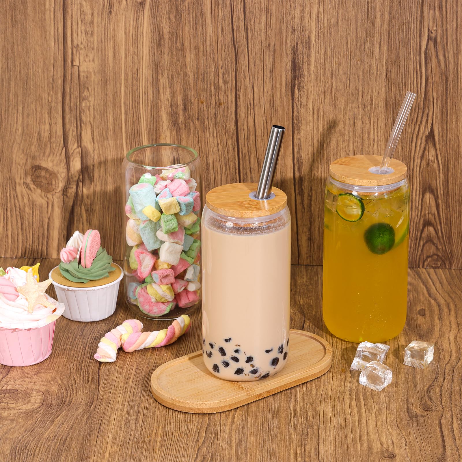 Moretoes Glass Cups with Lids and Straws, 6pcs, 16oz, Glass Iced Coffee Cups, Drinking Glasses Set, Cute Tumbler Cup, Boba Bottle