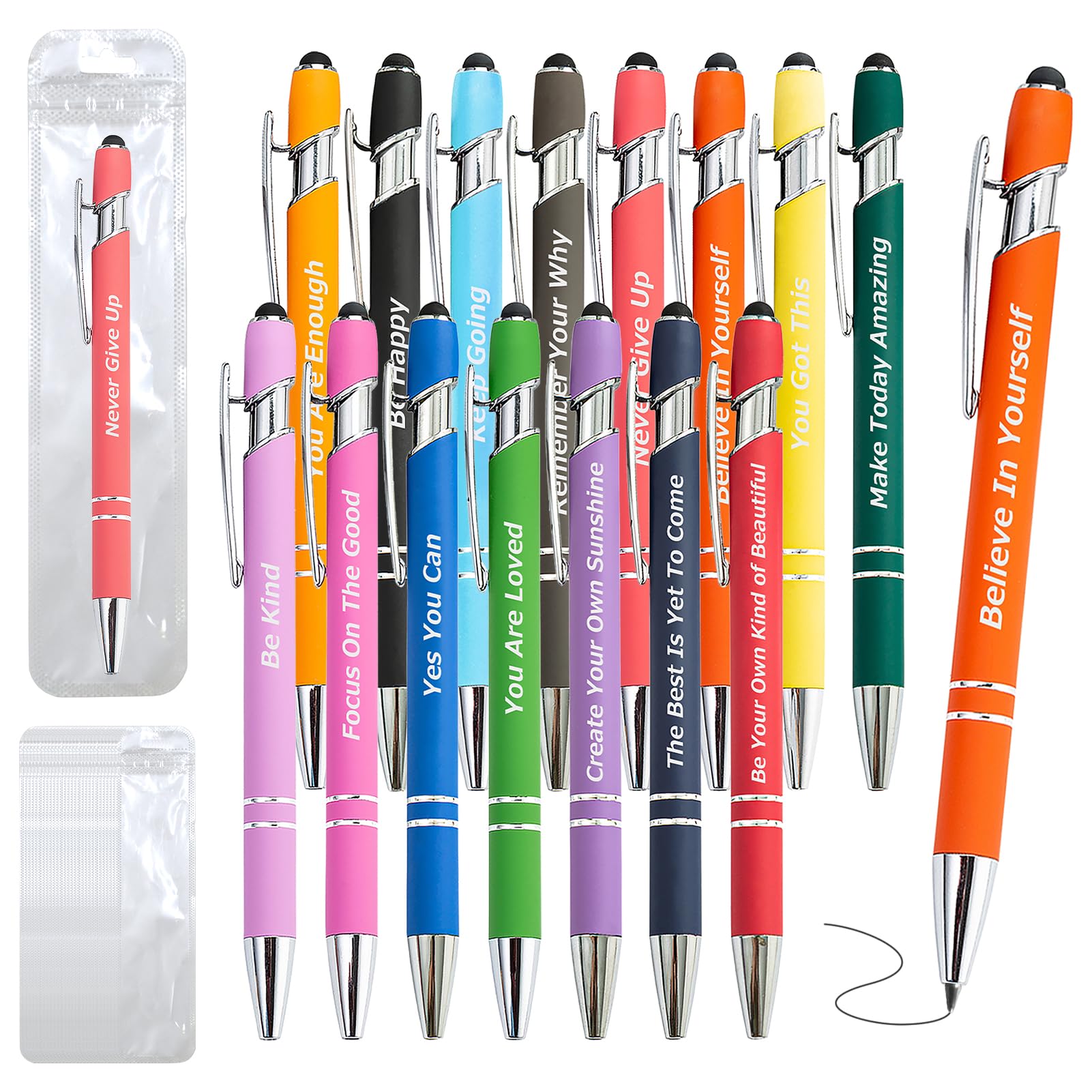 Photo 1 of 200 Piece Inspirational Pens Kit with Stylus Tip & Sayings – 100 Motivational Pen + 100 Individual Bags – Uplifting Quote & Positive Ideas – For Teachers, Office, School, Meetings, Team Events