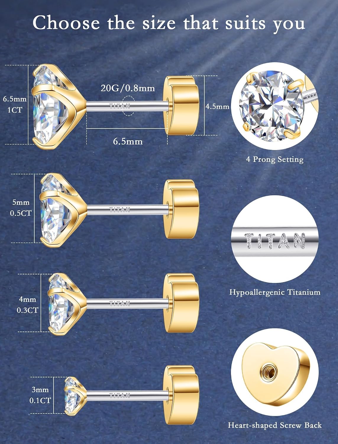 Limerencia Moissanite Stud Earrings for Women Men, F136 Hypoallergenic Titanium Earrings for Sensitive Ears, 18K White Gold Plated Star or Heart Flat Back, D Color VVS1 Clarity, GRA Certificate