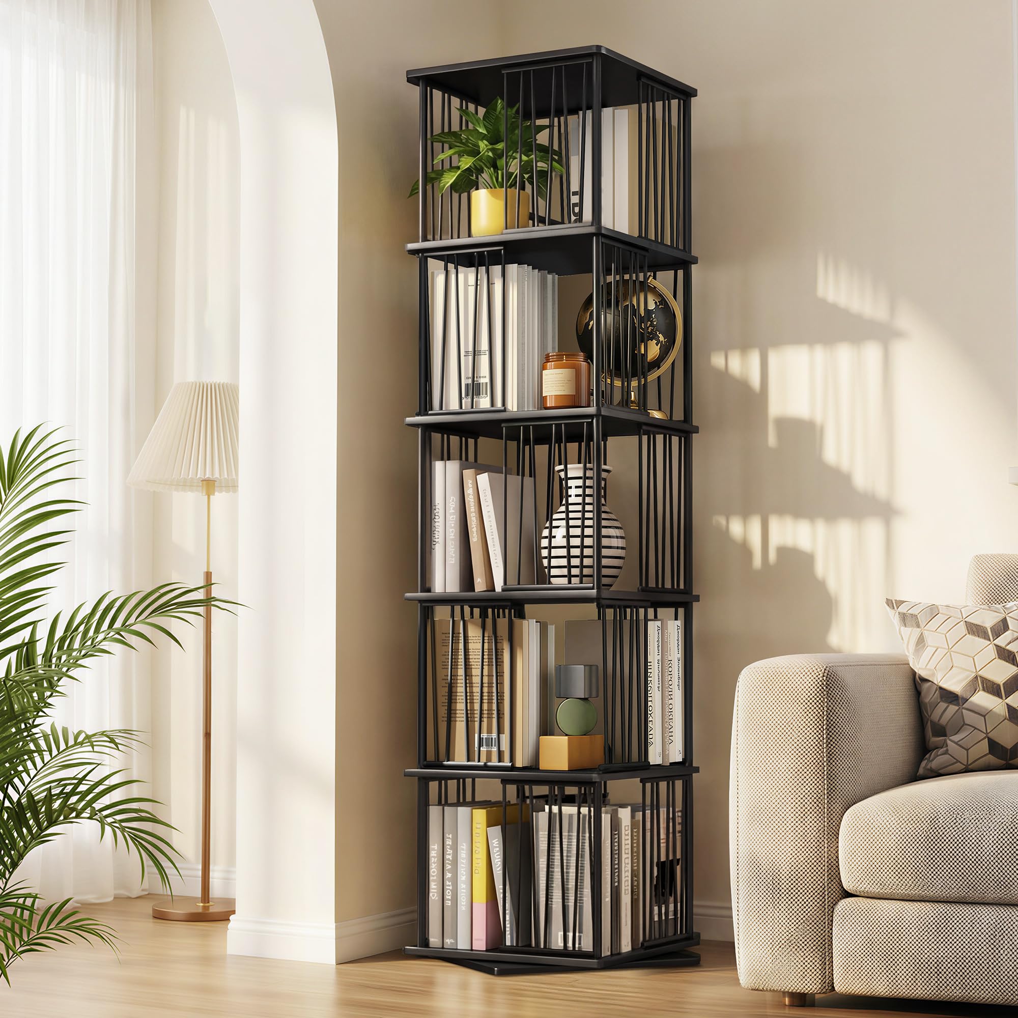 Aylenic Rotating Bookshelf, 5 Tier Tall Revolving Bookcase, Black Narrow Spinning Bookshelves Tower 360°, Corner Square Floor Book Shelf, Modern Book