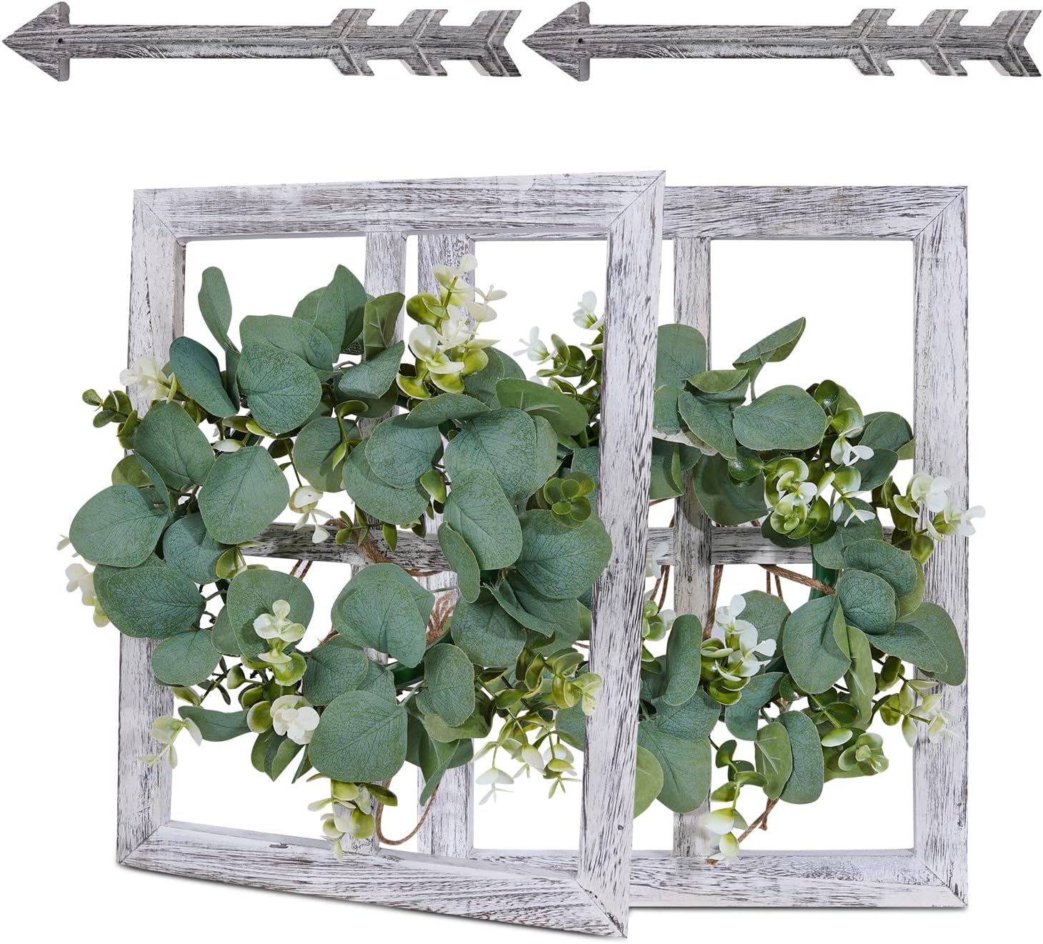 WAKOSAN Rustic Wood Window Frame with Green Wreath and Arrows Wall