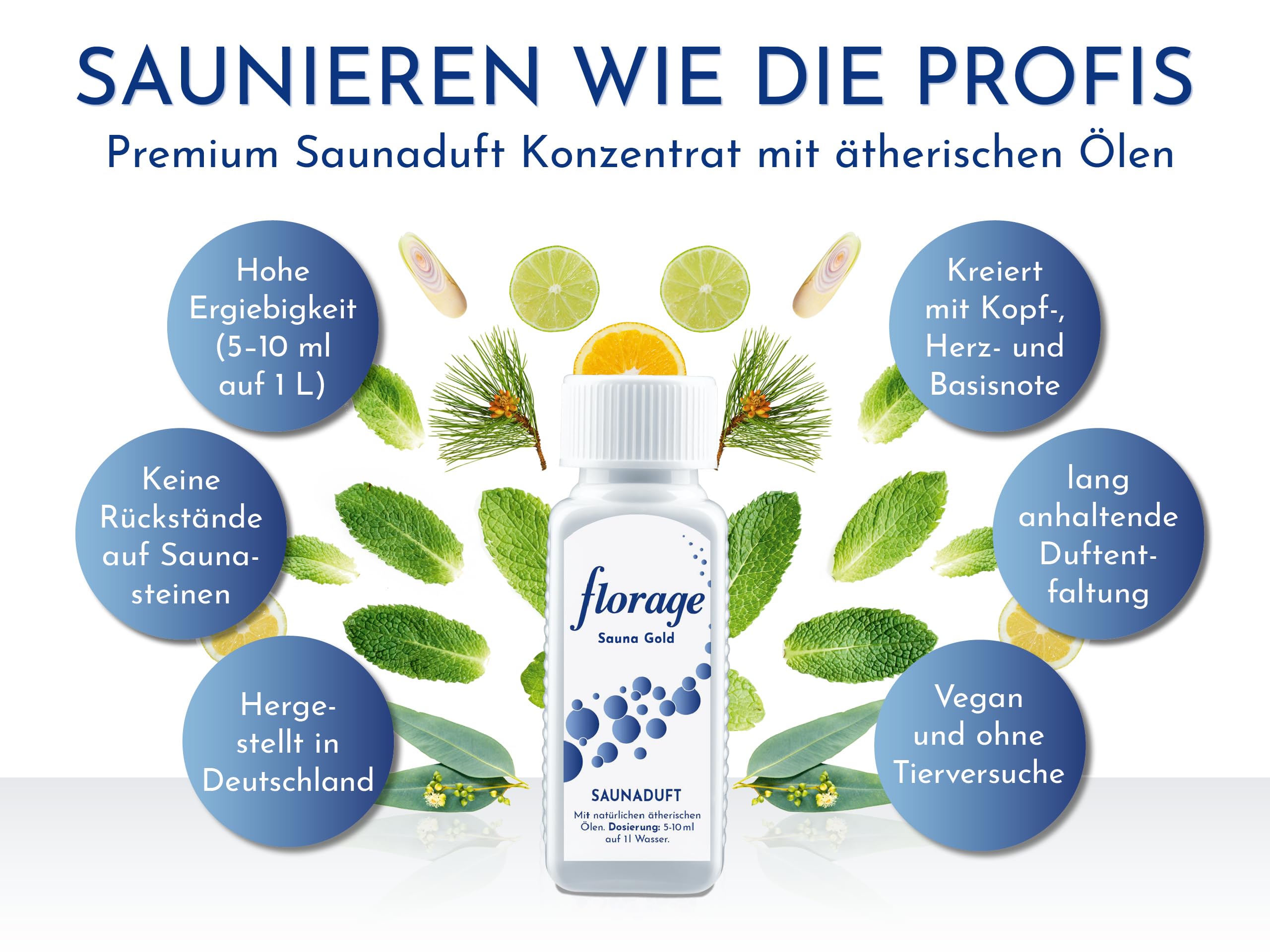 5x 100ml Saunaaufguss Saunaduft Konzentrat Duftöl Geschenkset - Eukalyptus, Minze, Latschenkiefer, Citrone/Orange, Sauna Gold - auch für Kräuterbäder, Aromaschalen und Thermarien