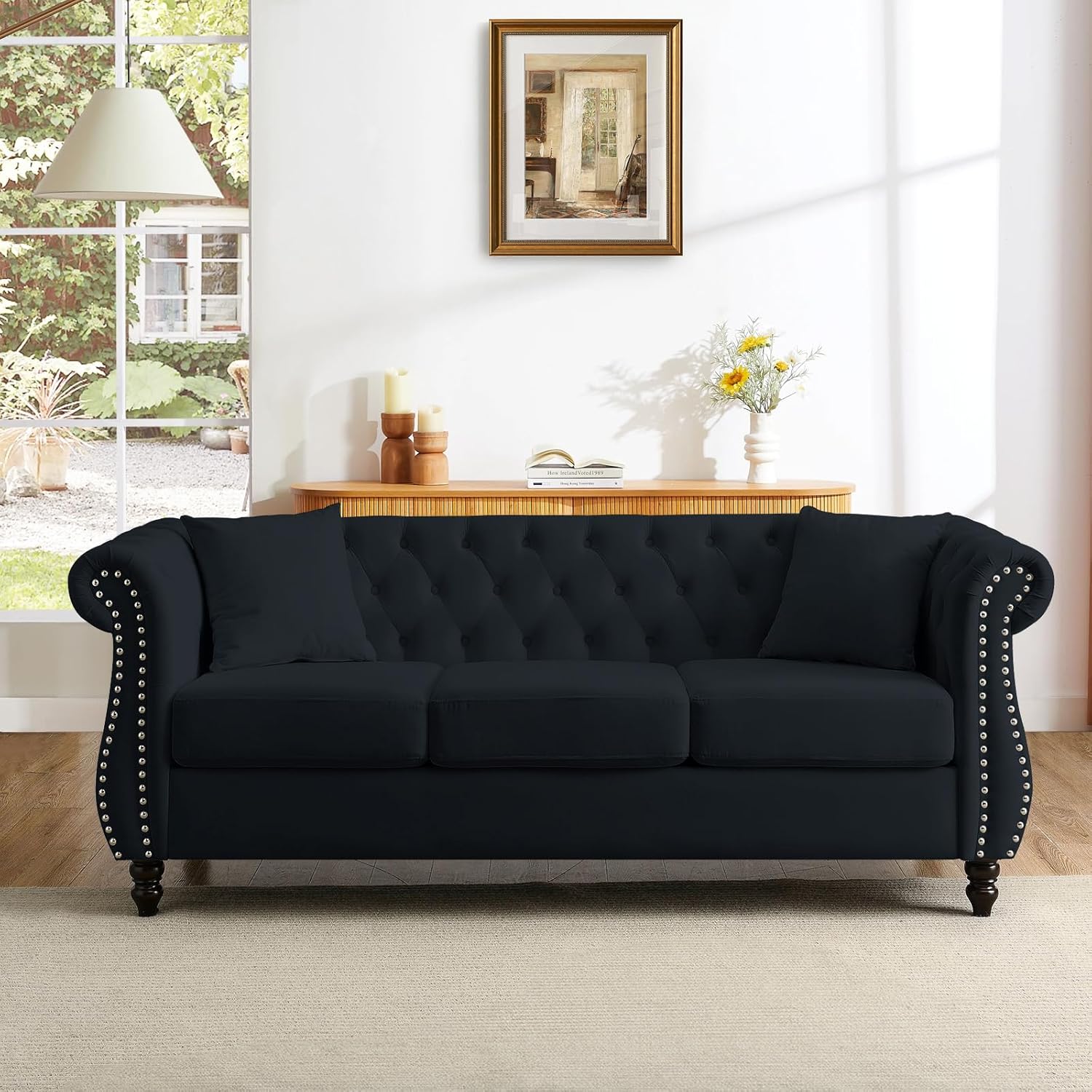 JEEOHEY Chesterfield Sofa Set,2 Pieces Button Tufted Velvet Couch with Rolled Arms&Nailhead Trim,Comfy 2/3 Seater Sofa,Oversize Mid Century Modern Couch for Living Room,Bedroom,Apartment,Office(Black)