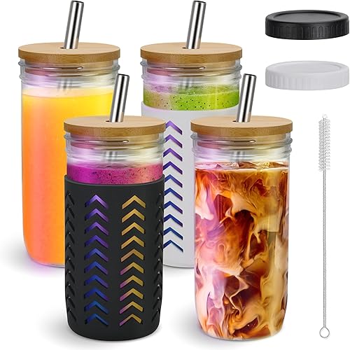 Elma Home Vasos de vidrio con tapas y pajitas, vasos de bambú reutilizables, tarro Mason de 24 onzas, paquete de 4, juego de boca ancha, vaso de disponible en Yaxa Peru