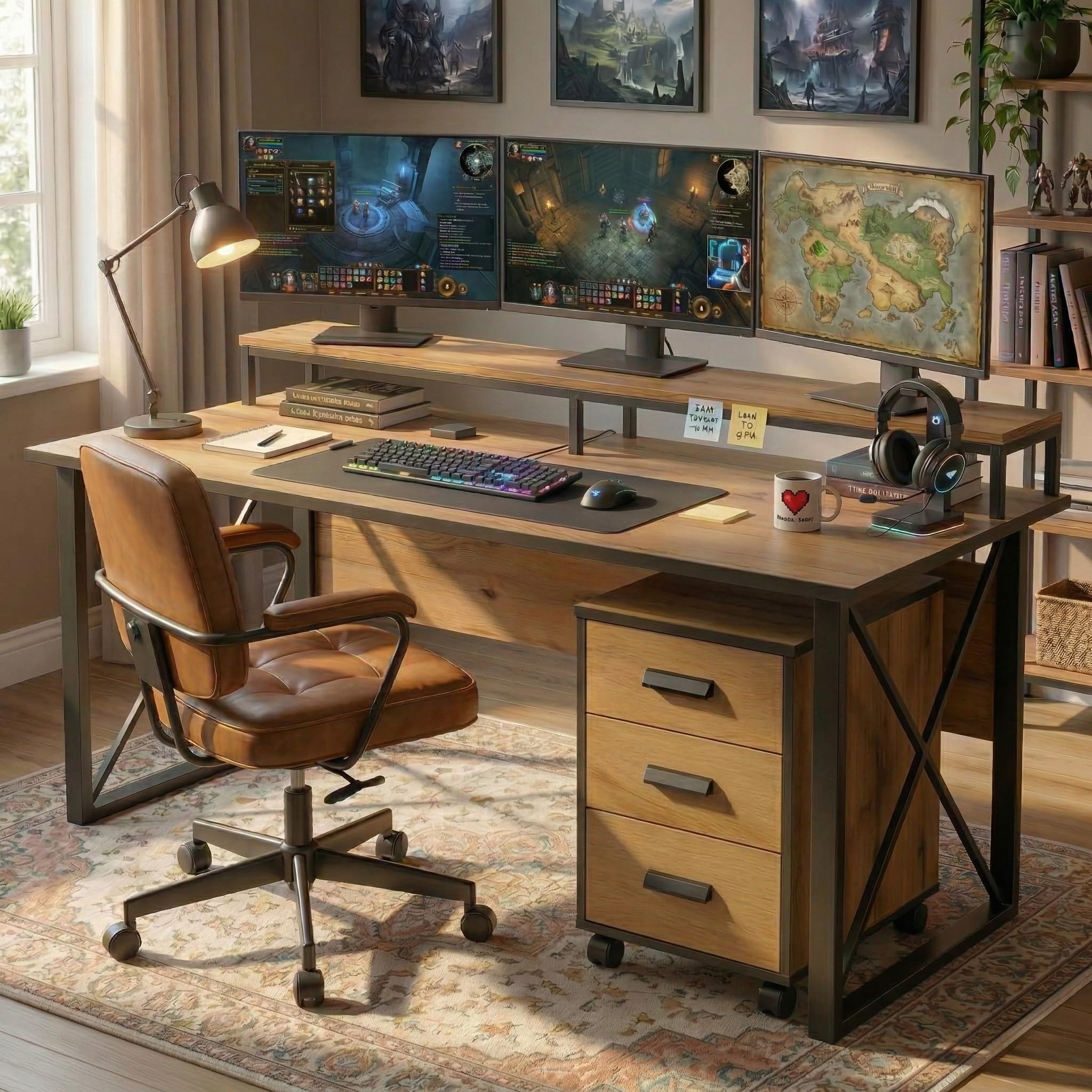 FFO Wooden Gaming Desk with 3-Drawer Mobile Cabinet | Large Computer Table for Gaming & Home | Study & Workstation Desk with Sturdy Metal Frame | DIY Assembly | Oak Finish (150x60x75 cm, Brown)