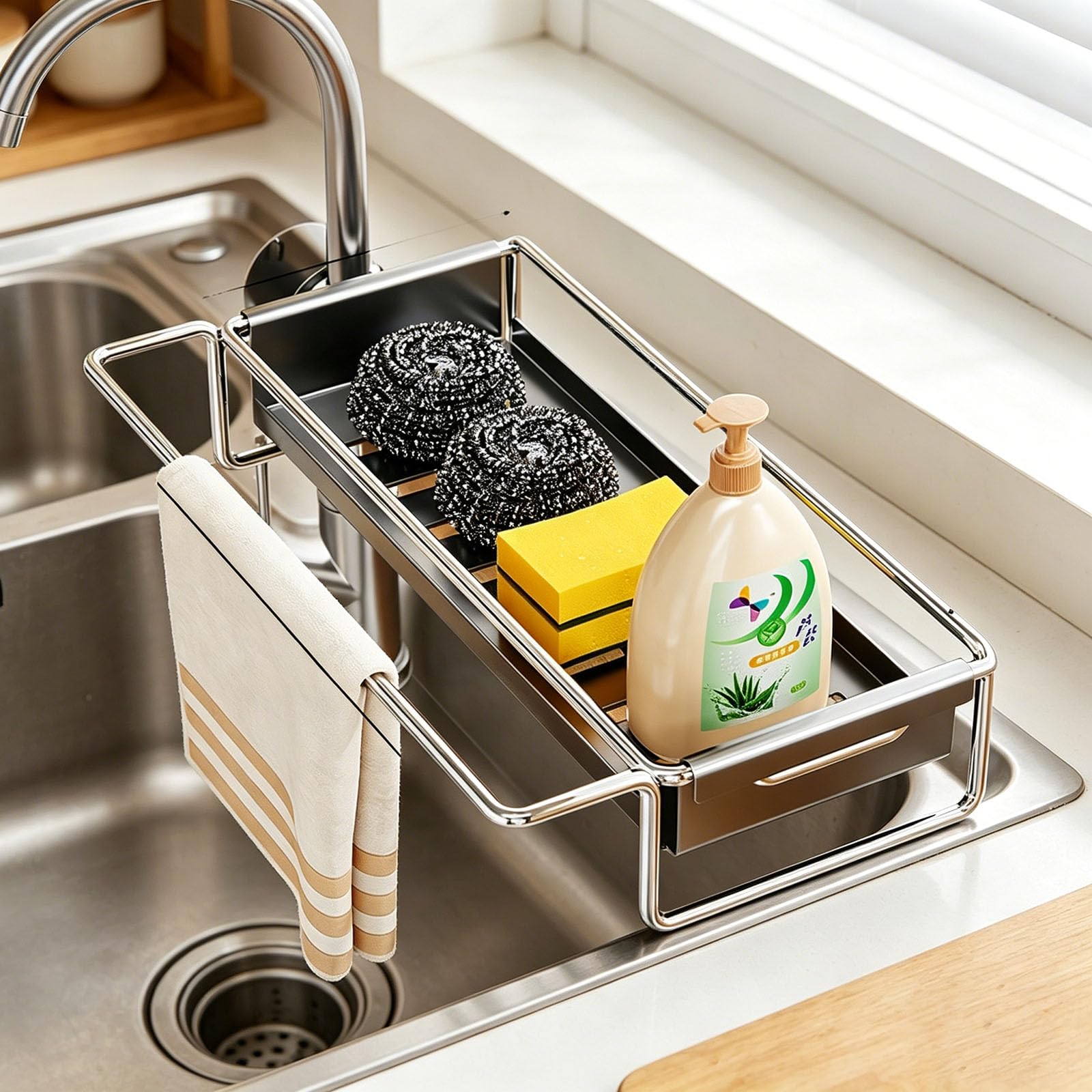 Soporte para utensilios de cocina que ahorra espacio con diseño seco y fácil instalación, accesorio para fregadero que ahorra espacio