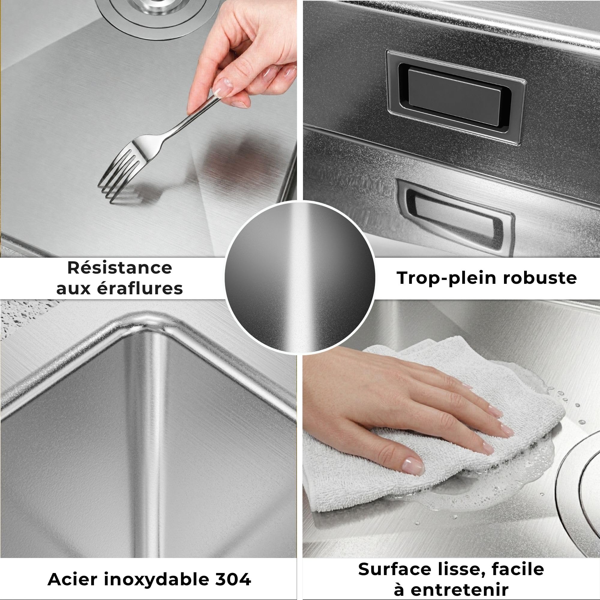 ANW HOME Evier Cuisine 1 Bac 74x44 cm, Inox | Encastré/Sous Plan, Revêtement Nano, Épaisseur 3.0+1 mm, Profondeur 22 cm, Avec Siphon