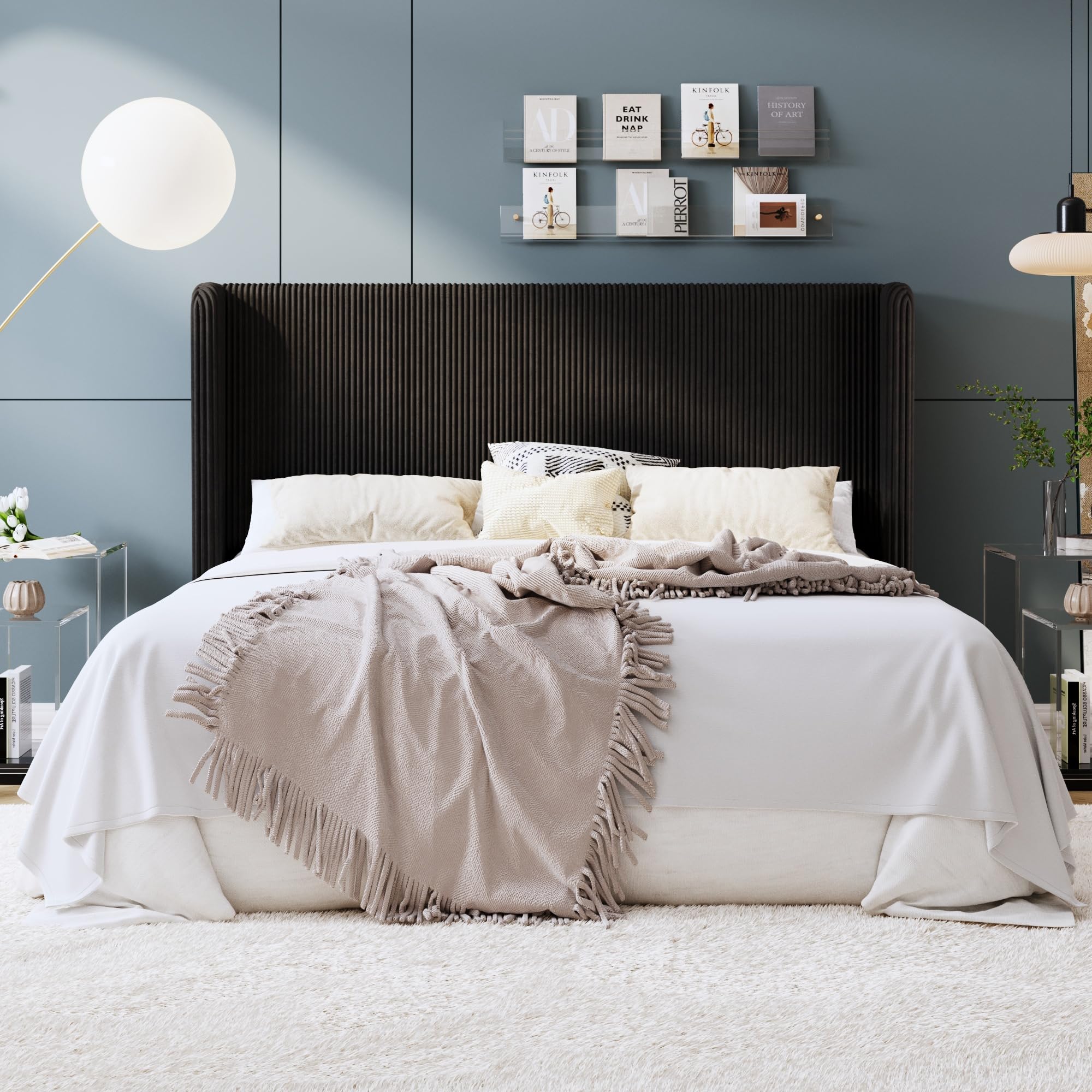 SHA CERLIN King Size Corduroy Upholstered Platform Bed Frame with Vertical Channel Tufted Wingback Headboard, 8" Under Bed Storage, Wooden Slats &