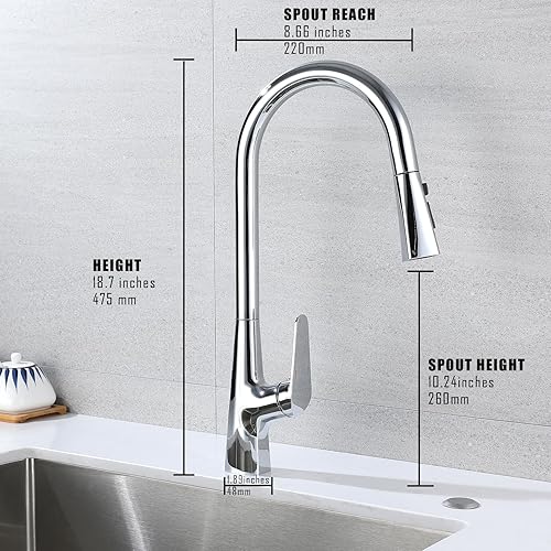 Miniatura 4 de Grifo de cocina de arco alto de una sola manija de cromo pulido, un solo nivel con rociador extraíble Grifos de fregadero de cocina de acero