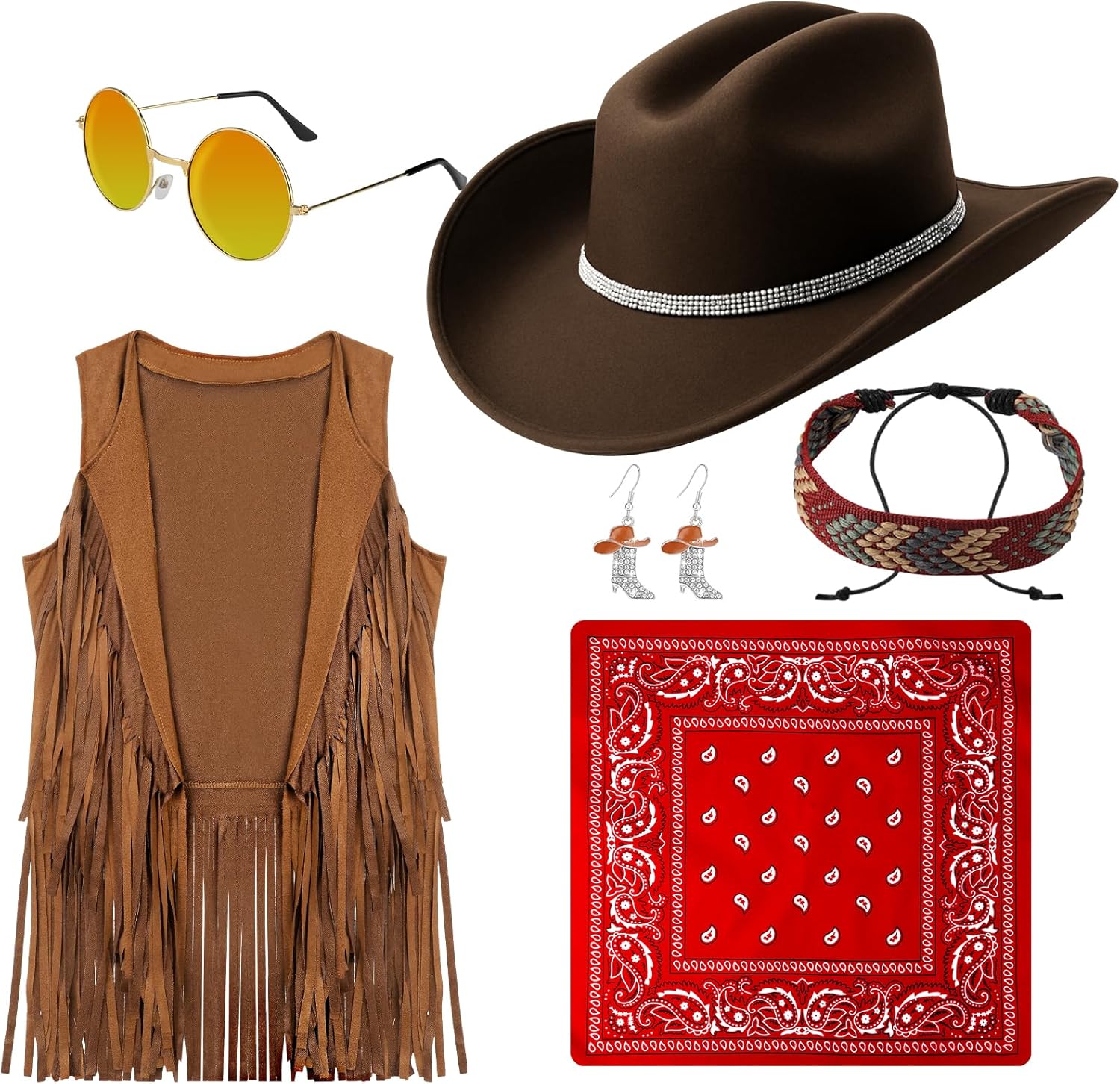 6Pcs Western Cowgirl Costume for Women Cowgirl Outfits Set Fringe Vest Cowboy Hat Glasses Earring Bandana Bracelet - Image 8