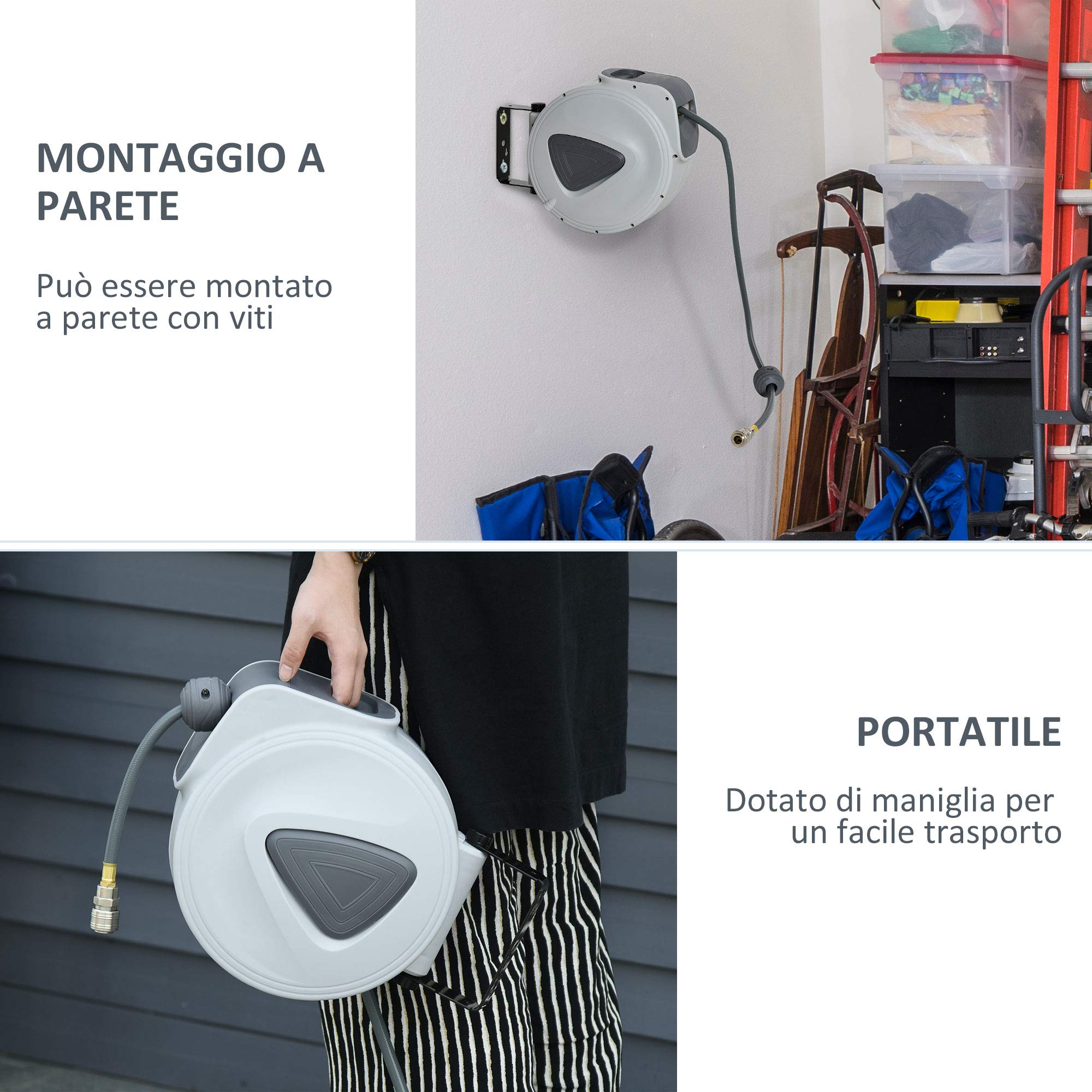 DURHAND Avvolgitubo Automatico 10m + 90cm con Attacco Φ1/4'', Pressione Max 24 Bar, Montaggio a Parete e Ruotabile di 180°, Grigio