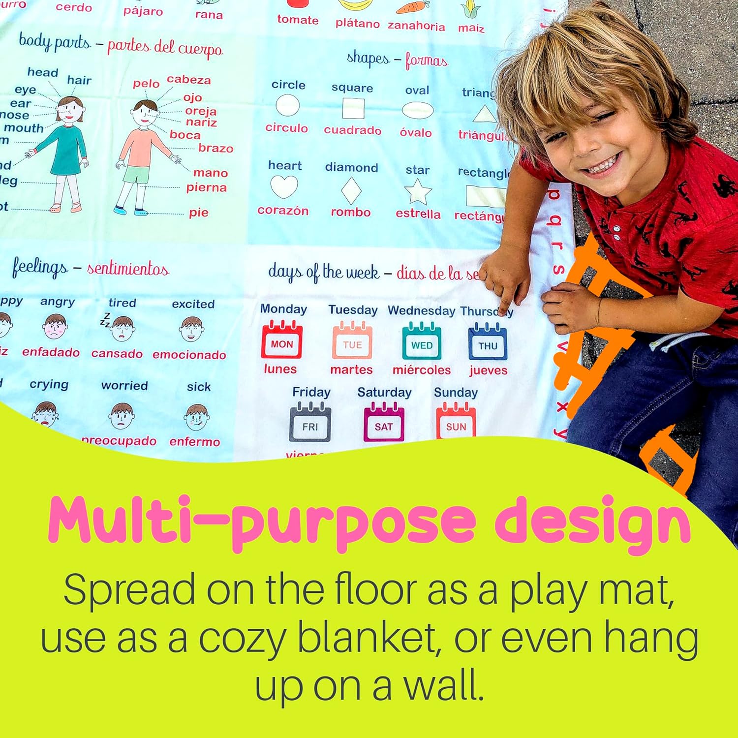 Birdy Boutique – Learning Blanket® – English & Spanish Bilingual Edition – 50" x 60" Soft Minky Toddler Educational Blanket for Kids– Dual-Language ABCBlanket with Vocabulary in English & Spanish