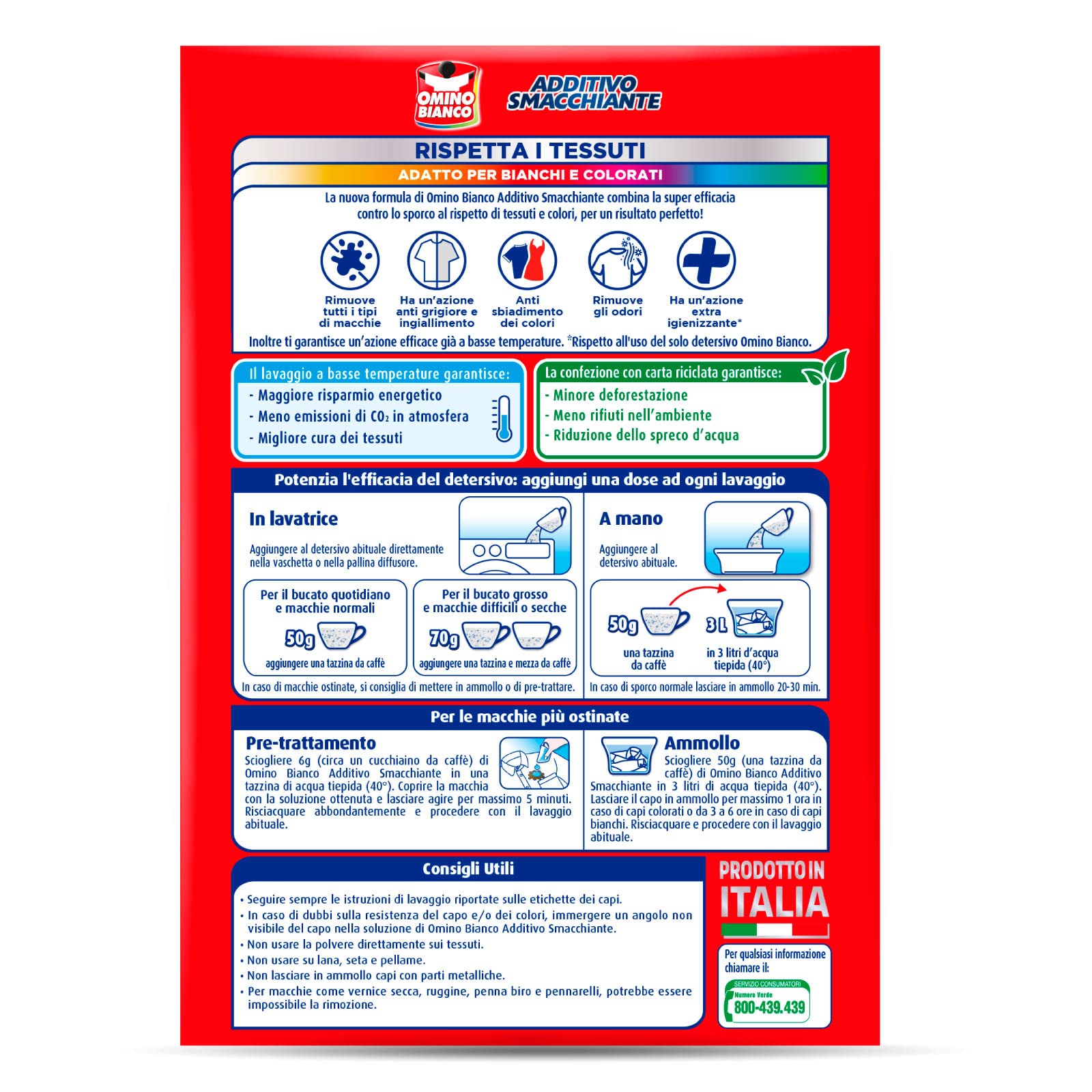 Omino Bianco - Aditivo para lavadora en total 5 acciones en 1 en polvo para ropa, quitamanchas e higienizante, 500 g x 8 unidades