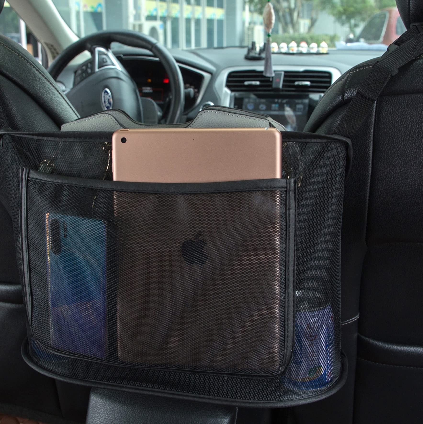 NAMOKA Car Purse Holder Between Seats, Car Seat Organizer Between Seats For Women, Large Capacity Car Mesh Organizer for Extra Storage, Black
