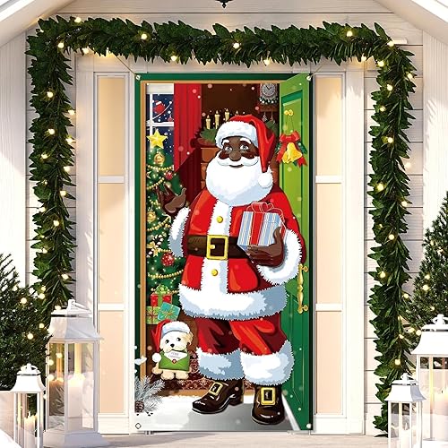 Miniatura 2 de Sunwer Cubierta de puerta de Navidad afroamericana, decoración de Papá Noel negro, suministros de fiesta de invierno, suministros de fiesta de