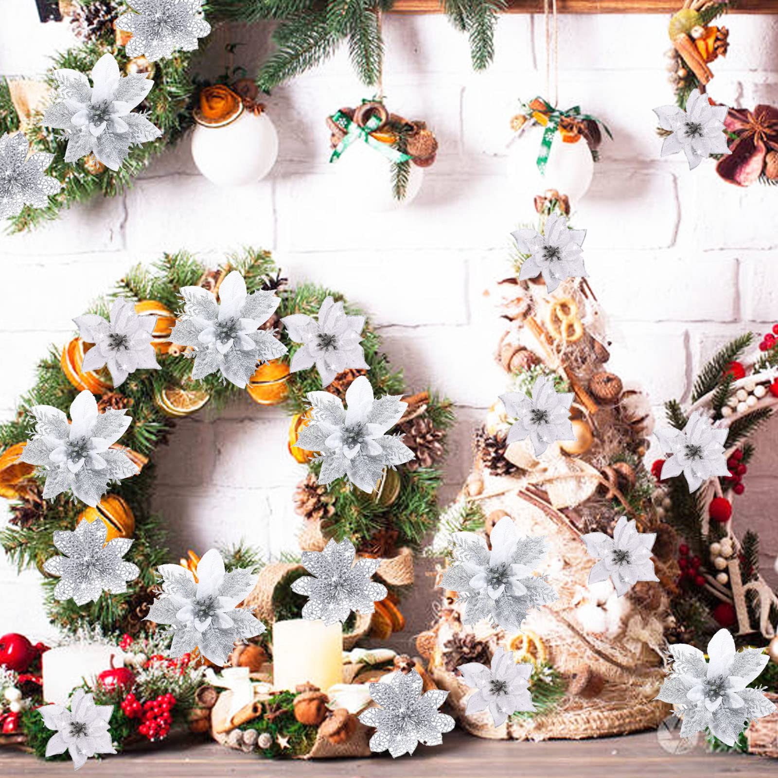 Amazon｜Felictime シルバー ポインセチア クリスマス 造花 ヒイラギの