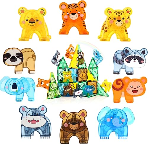 Miniatura 1 de Azulejos magnéticos de animales, 61 piezas de juguetes magnéticos de construcción de animales para niños, niños pequeños preescolares, juegos de