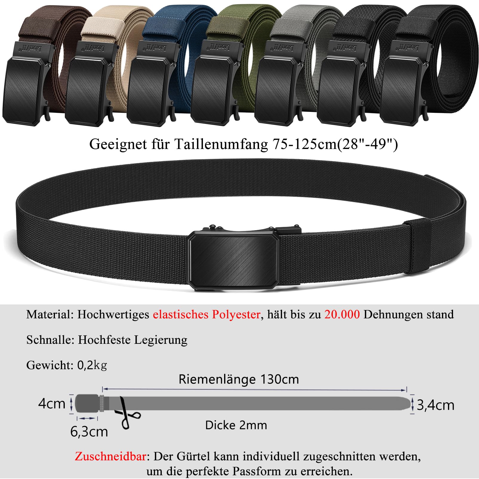 LionVII Cinturón elástico de trinquete con hebilla automática, cinturón de trabajo para hombre para cintura de 75 – 125 cm (28-49 pulgadas)