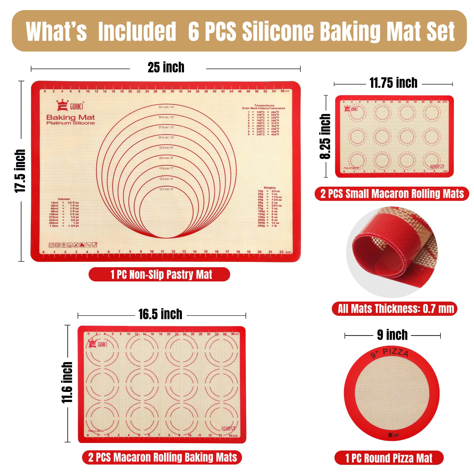 Juego de 6 alfombrillas de silicona para hornear de grado GUANCI antiadherentes, reutilizables, para hacer macarrones, pizzas, galletas, pasteles, pan, bollos (rojo)