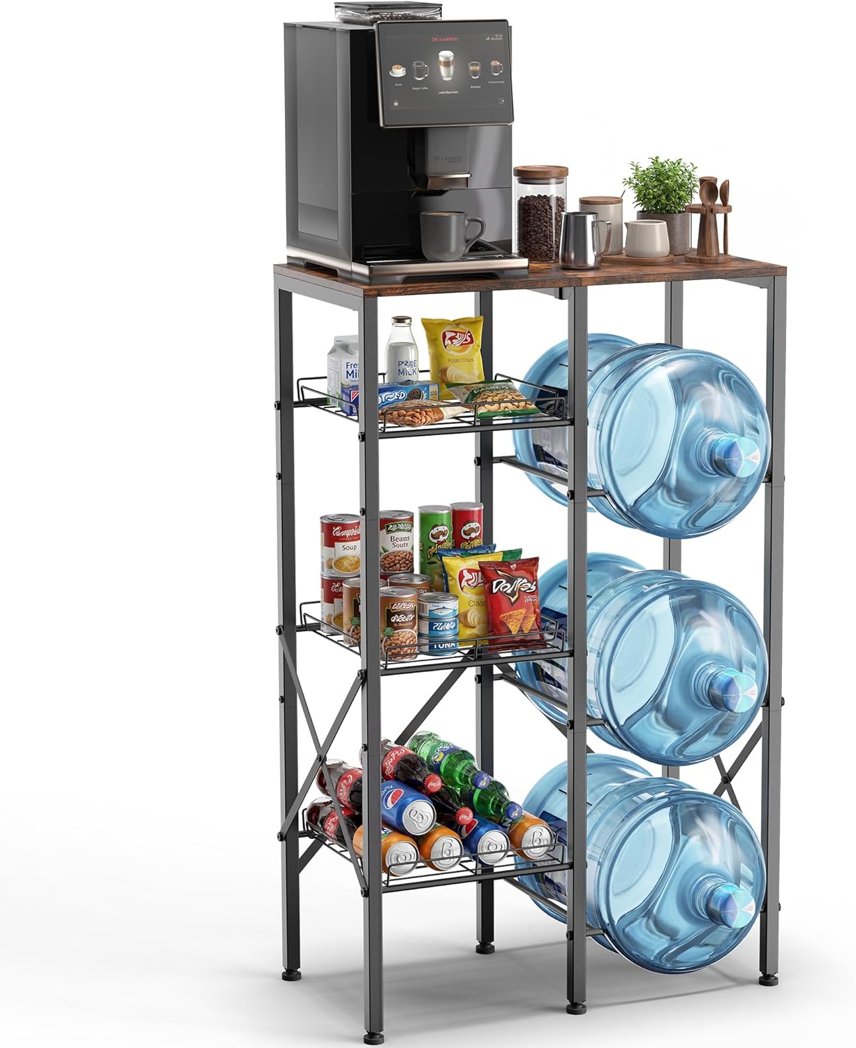 5 Gallon Water Jug Holder - Water Stand for 5 Gallon Bottle with Wire Storage Basket - 4 Tier Heavy Duty Water Jug Storage Rack for Home Kitchen Living Room Office