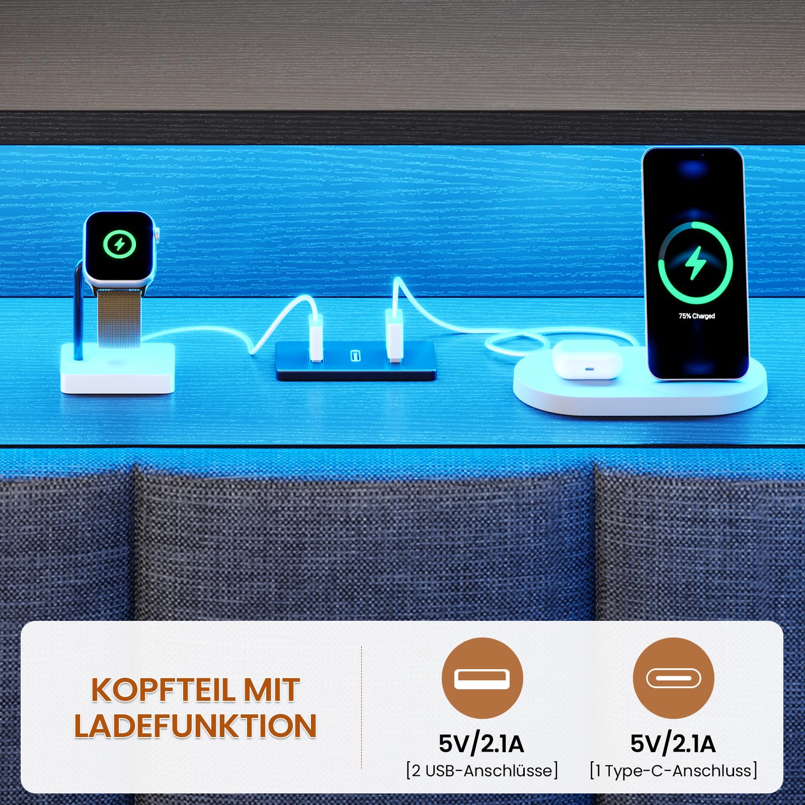 KIMENICH Polsterbett Schlafsofa 90x200 mit LED-Beleuchtung, Ladestation, Tagesbett, Jugendbett mit 2 Schubladen und Lattenrost aus Metall, Kopfteil mit Offenem Regal, Schrank, Schwarz