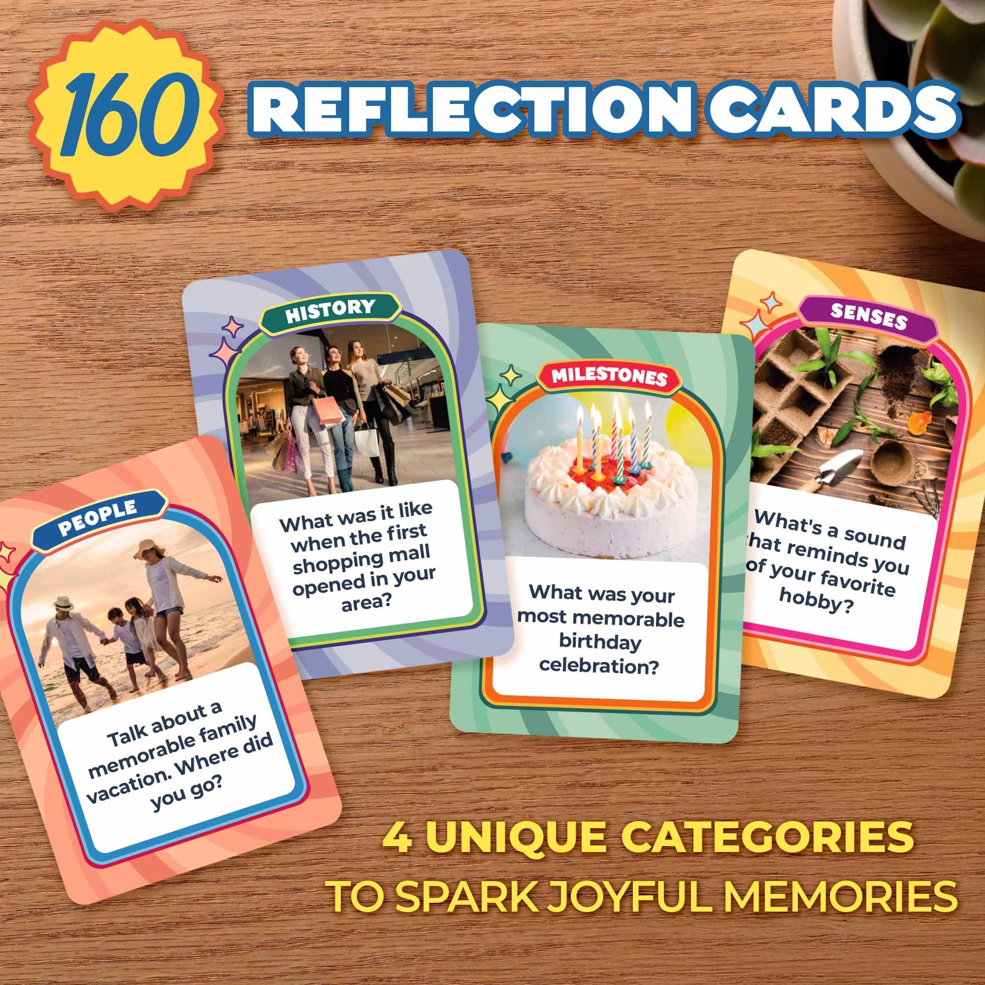 Golden Memories - 160 iniciadores de conversación para Adultos - Juego de Tarjetas de Memoria para Personas Mayores - Terapia de reinescencia - Herramienta de Apoyo para la Demencia y el Alzheimer | 160 Temas | Terapia de Reminiscencia | Actividades de de