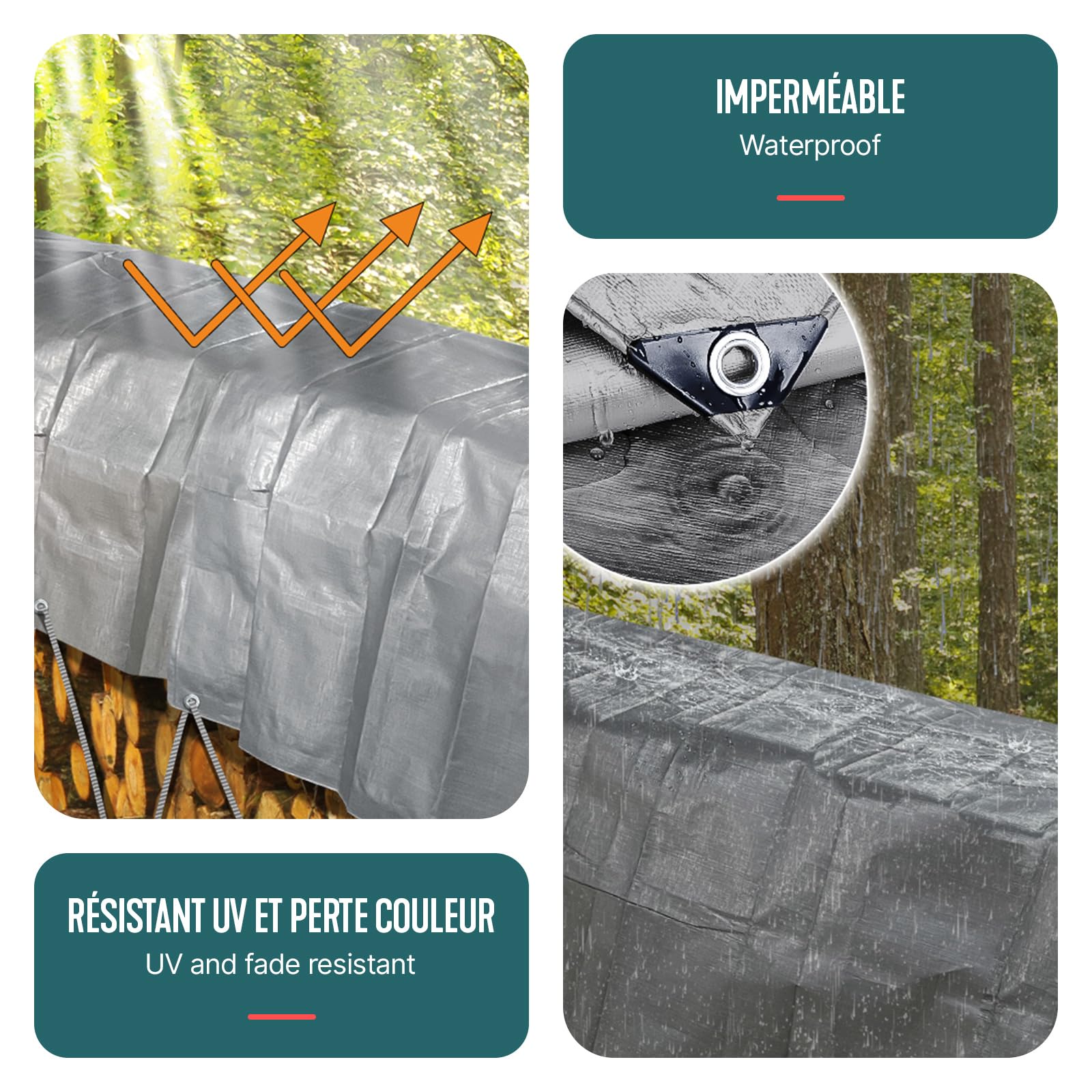 VOUNOT® Lona Impermeable Exterior 3x5m, Toldo Reforzado PE 240 g/m² Protección contra UV, con Ojales de Acero Inoxidable para Leña, Muebles, Jardín, Piscinia, Vehículos, Gris-Negro