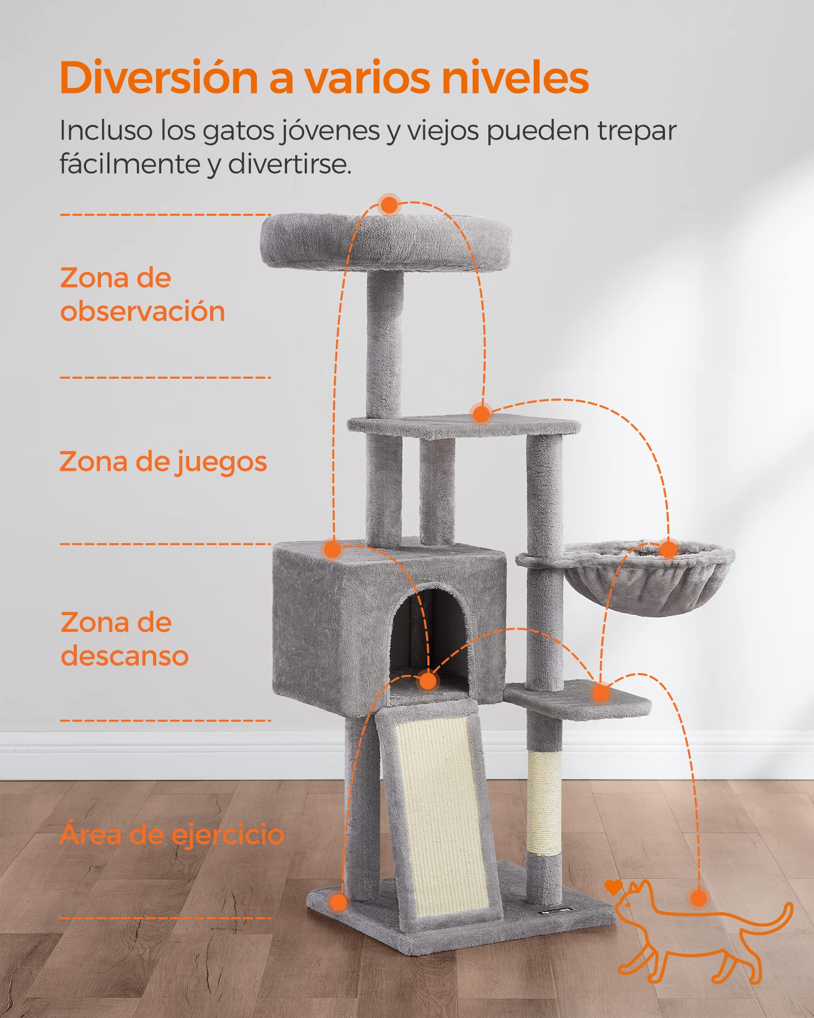 FEANDREA Árbol para Gatos Pequeños, 135 cm, Condominio para Gatos de Felpa de Varios Niveles, con Cubierta de Plataforma Extraíble y Lavable, Rascador, Cesta, Cueva, Gris Claro