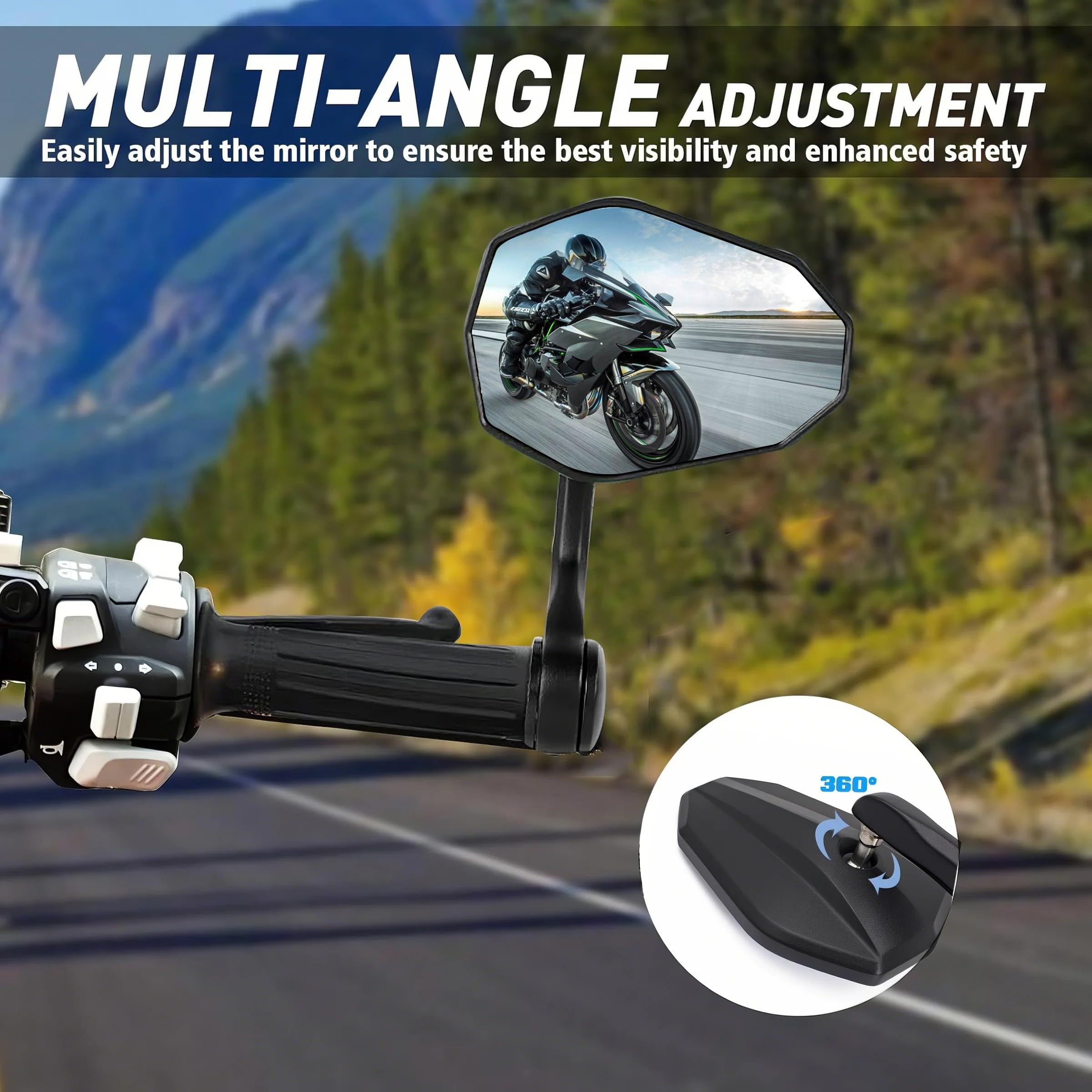 Lenkerendenspiegel Motorrad E-geprüft Universal, 360°Drehbar Motorrad Rückspiegel 7/8" 22mm Lenkerspiegel Kompatibal mit den meisten Motorrädern, E-Bikes, Scootern, ATVs und UTVs