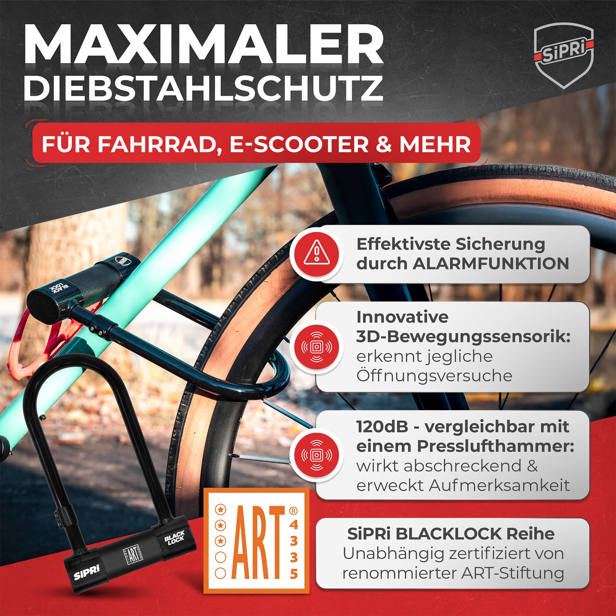 SIPRI® Fahrradschloss mit Alarm 120 dB | Gehärtetes Bügelschloss für E-Bike | E-Scooter & Motorrad | 14 mm Stahl | 230 mm | wetterfest | Diebstahlschutz | Schloss mit Schlüssel | robust & sicher