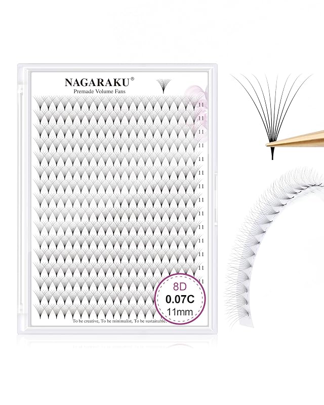 NAGARAKU Leques Premade Volume 8D 0,07 C 11 mm, 320 leques, preto fosco