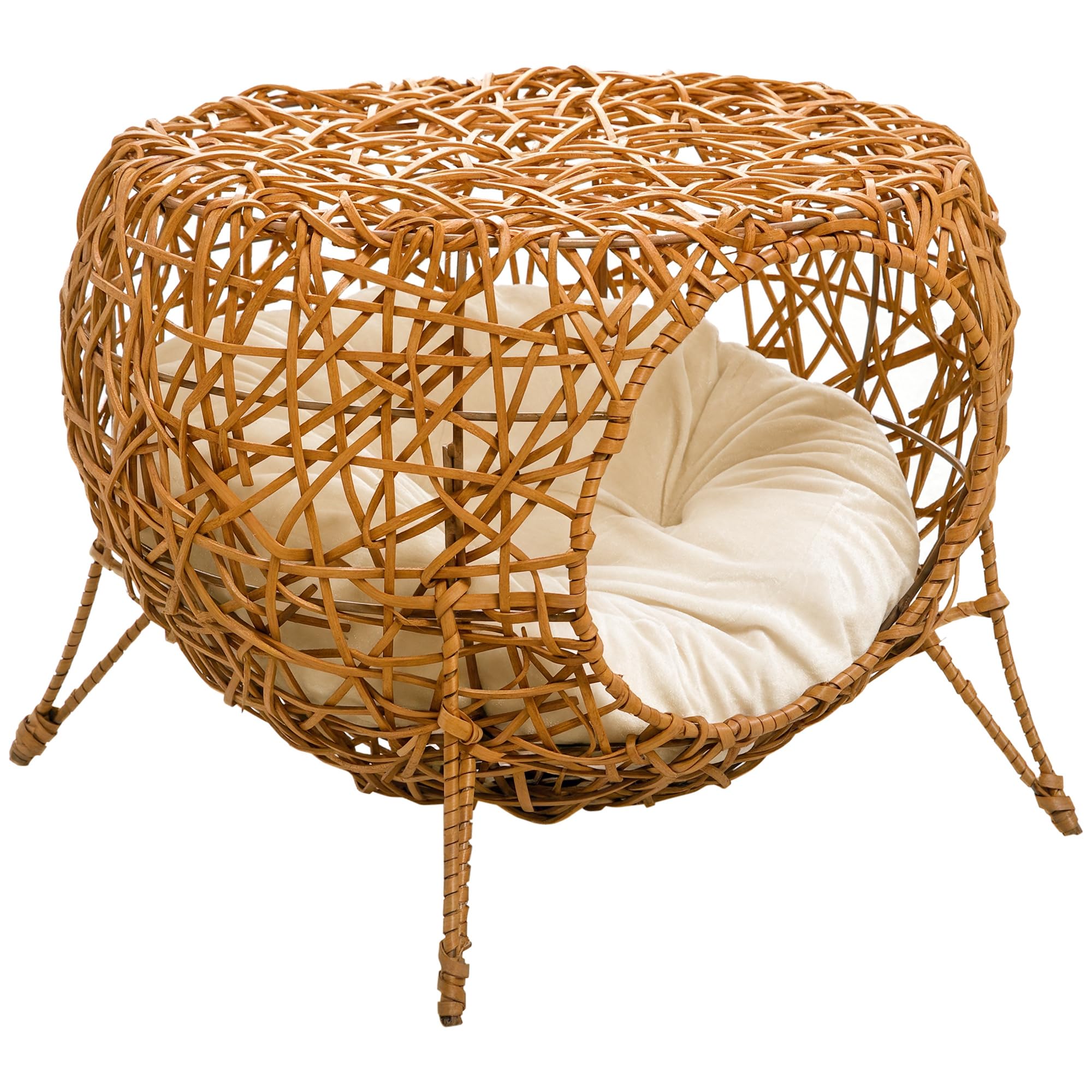 PawHut Panier Niche Maison pour Chat sur Pied en rotin avec Coussin épais dim. Ø 40 x 32 cm Marron Clair