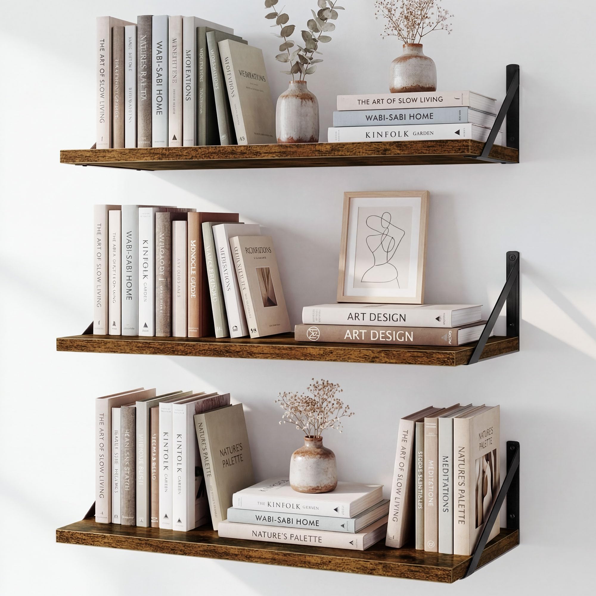 Fun Memories Floating Bookshelves, Set of 3 Wall-Mounted Wood Shelves 60 x 20 CM, Decorative Wall Shelf for Living Room, Bedroom, Bathroom, and Laundry Room (Brown)