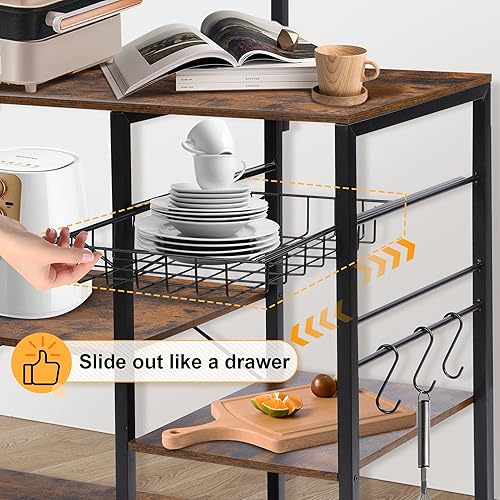 Miniatura 6 de Rengue Estante para panaderos con 3 tomas de corriente, estante de almacenamiento de cocina de 4 niveles con 6 ganchos en S, soporte para horno de