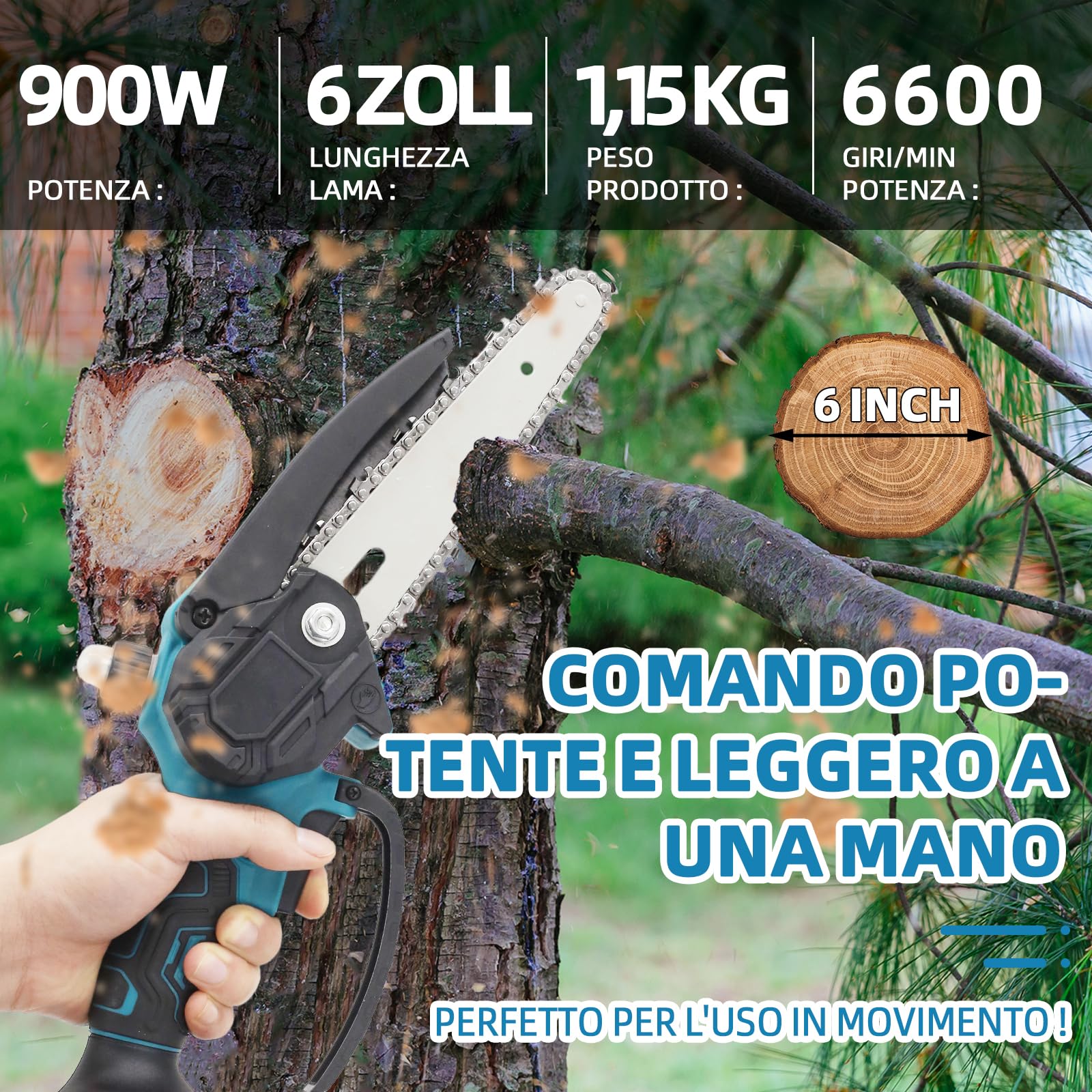 Mini Motosega a Batteria 6", Compatibile con Batteria Makita 18V | Motore brushless, lubrificazione auto, blocco di sicurezza, per legno e rami