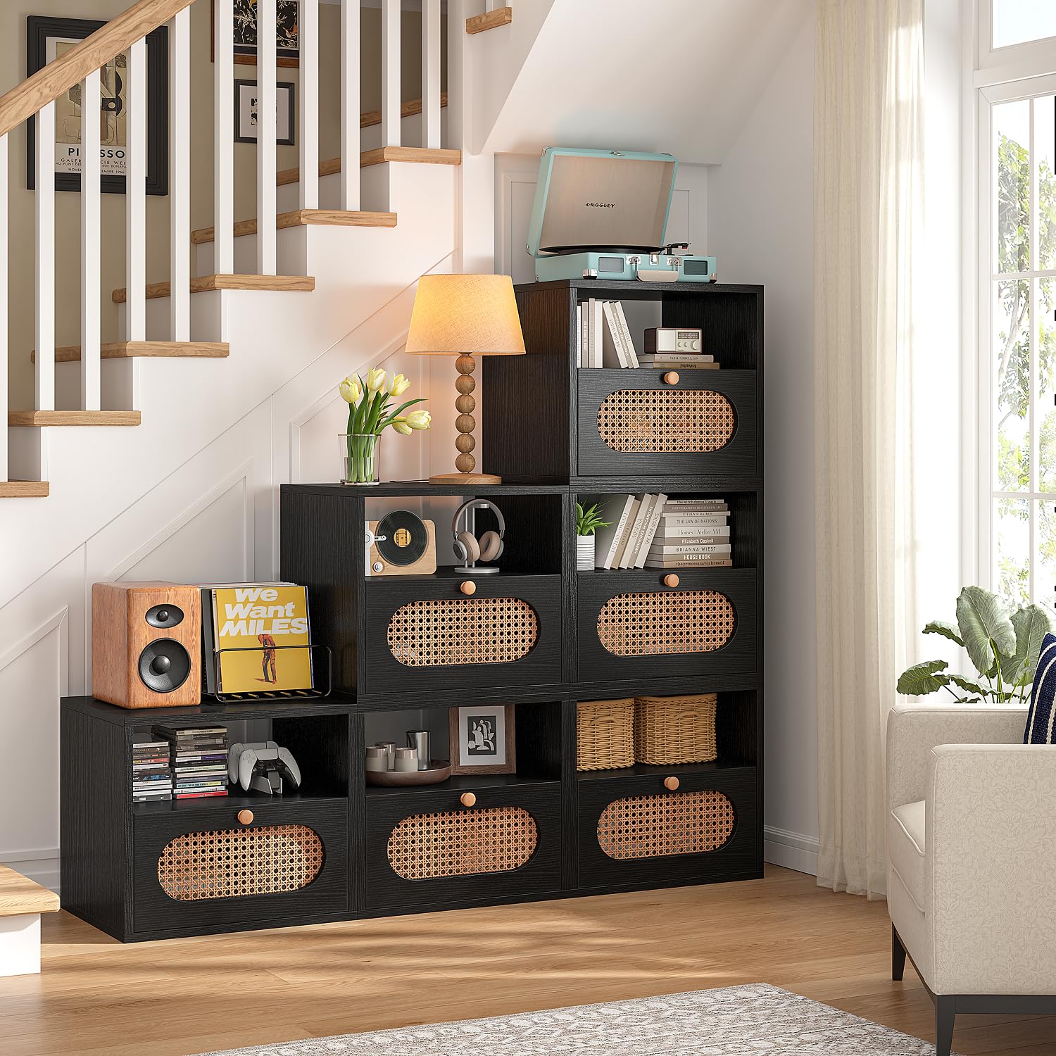 FurniNova Rattan Modular Console Table,Entryway Table,TV Stand, Boho Wooden Storage Organizer Entrance Console Sofa Table,Nightstands for Living Room, Study Room, Entryway, Black