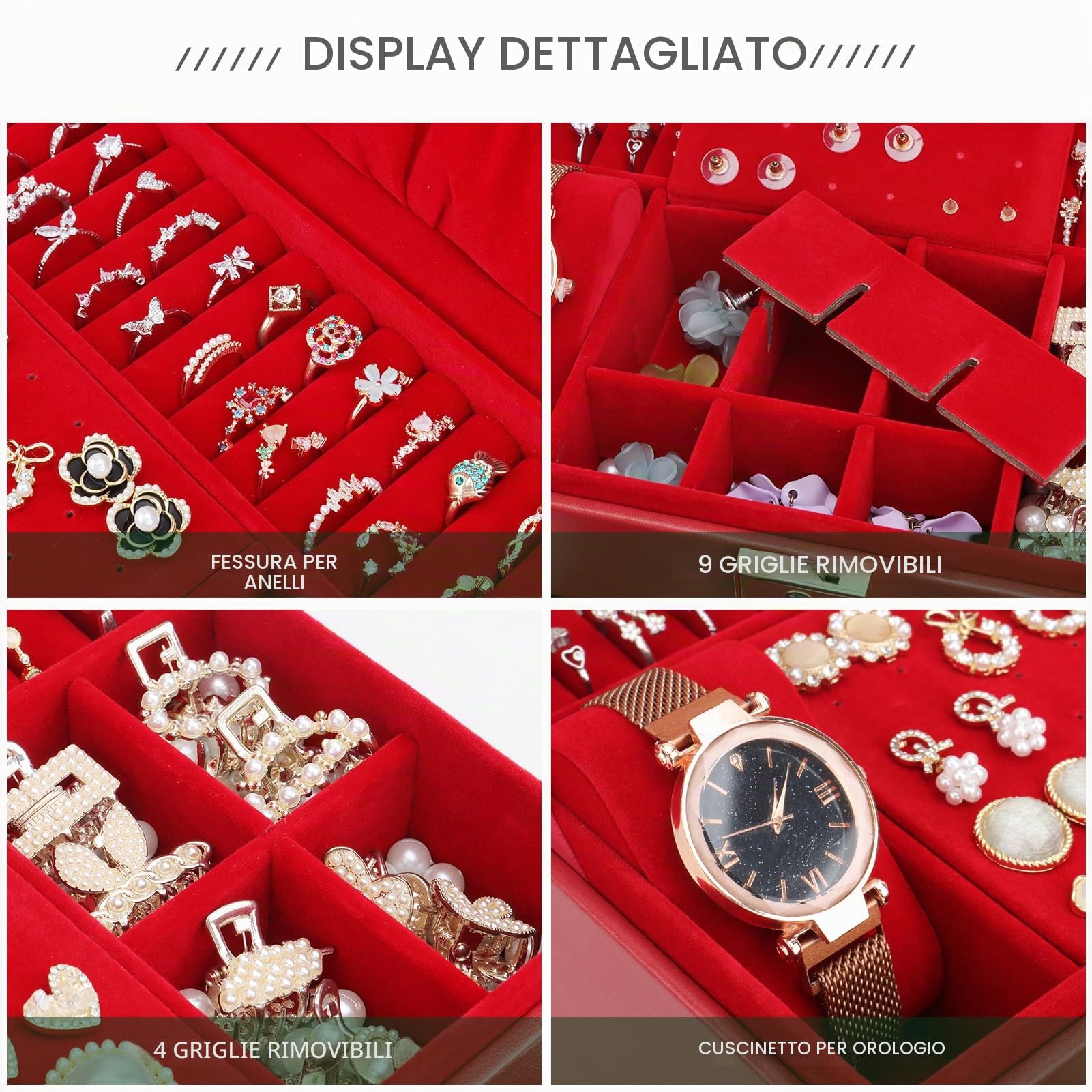 DesignSter Portagioie in pelle con serratura, 2 cassetti, 3 strati custodia per collane, orecchini, bracciali, anelli - rosso