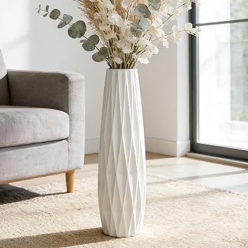 White Tall Floor Vase, 24 / 60 cm Ceramic Large Vase for Living Room, Office, Bedroom, Modern Home Decor, Decorative Flower for Pampas Grass, Wedding Centerpieces