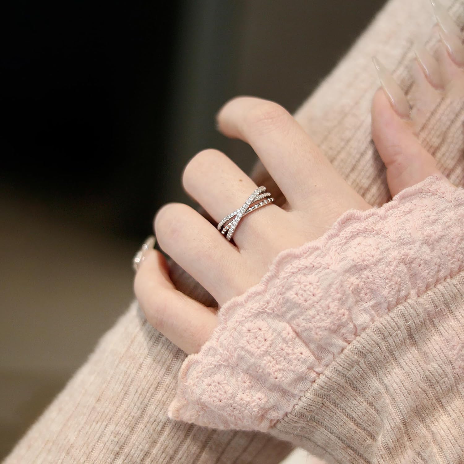 YSDD Moissanite Triple Layer Criss Cross Eternity Ring, S925 Sterling Silver Wedding Ring for Women, Size 5-10