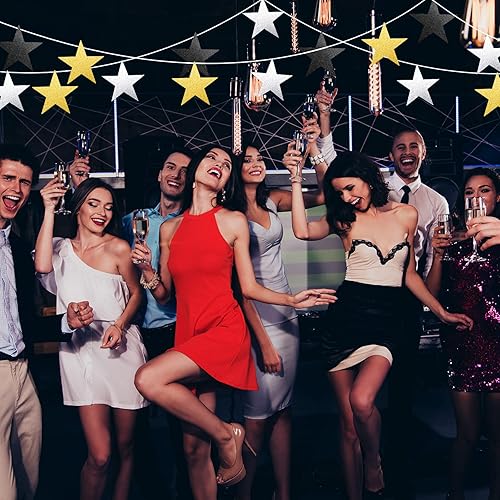 Miniatura 5 de Gejoy 80 recortes de estrellas con purpurina para tablero de anuncios, suministros de decoración de fiesta de pared (oro, plata, negro, 6 pulgadas