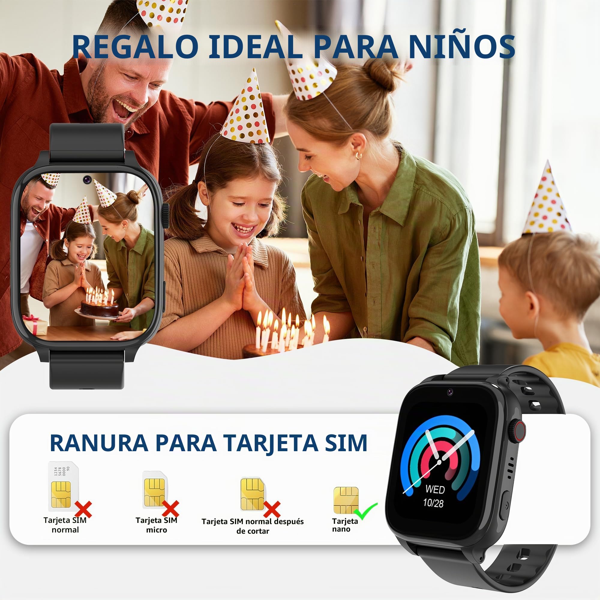 4G Reloj Inteligente Niño, Smartwatch Niños con GPS y Llamadas, Teléfono, HD Videollamadas, Chat de Voz, SOS, Modo Escuela, Cámara, Juegos, Despertador, IP68 Regalo Reloj Niñas Niños Negro