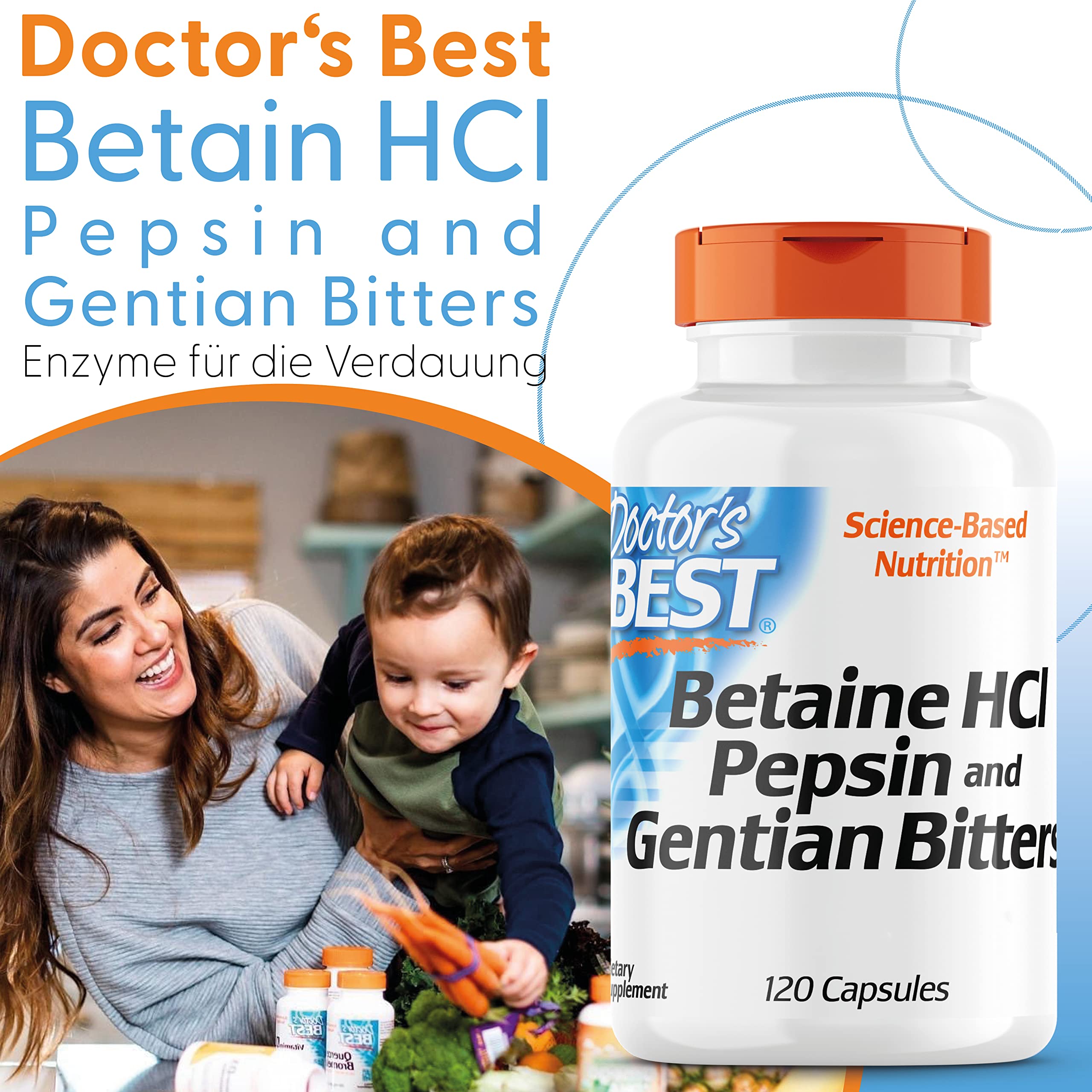 DOCTOR'S BEST Betain HCI mit Pepsin und Bitter-Enzian, 650 mg, 120 Weichkapseln, Hochdosiert, Laborgeprüft, Sojafrei, Glutenfrei, Ohne Gentechnik, 113 g