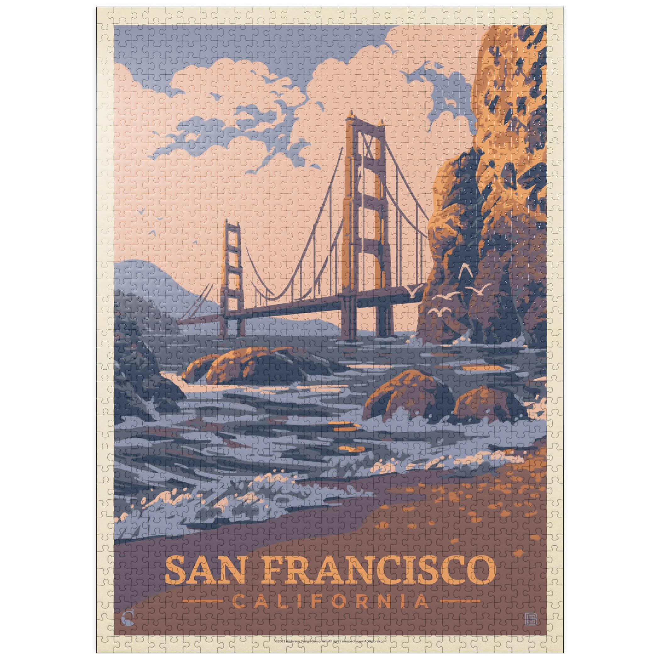 MyPuzzle San Francisco, CA: Golden Gate-Water's Edge, Vintage Poster - Premium 1000 Piece Jigsaw Puzzle for Adults