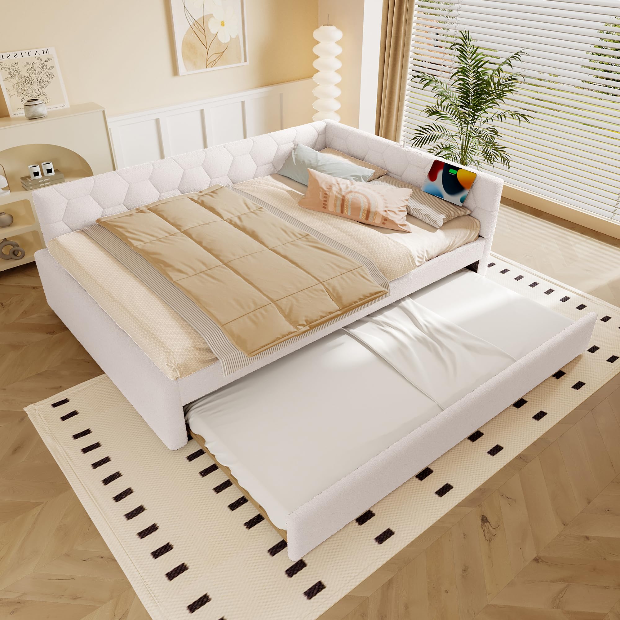 Letto Tessile 140x200cm con Sommier a doghe stabili e Struttura Letto Matrimoniale fissa divano letto estensibile secondo letto estraibile schienale geometrico vlies Bianco